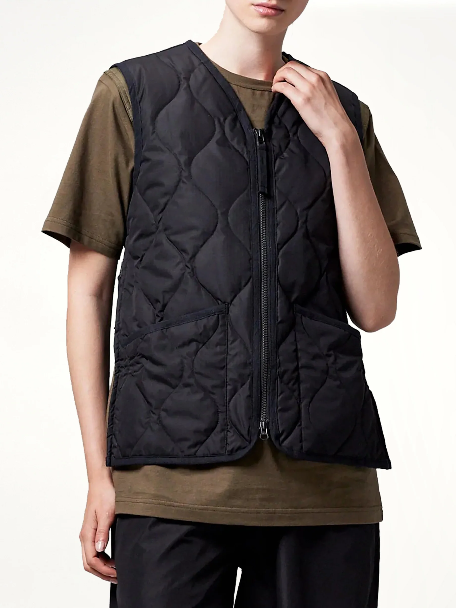 Military Zip V Neck Down Jacket in Black - Image 3