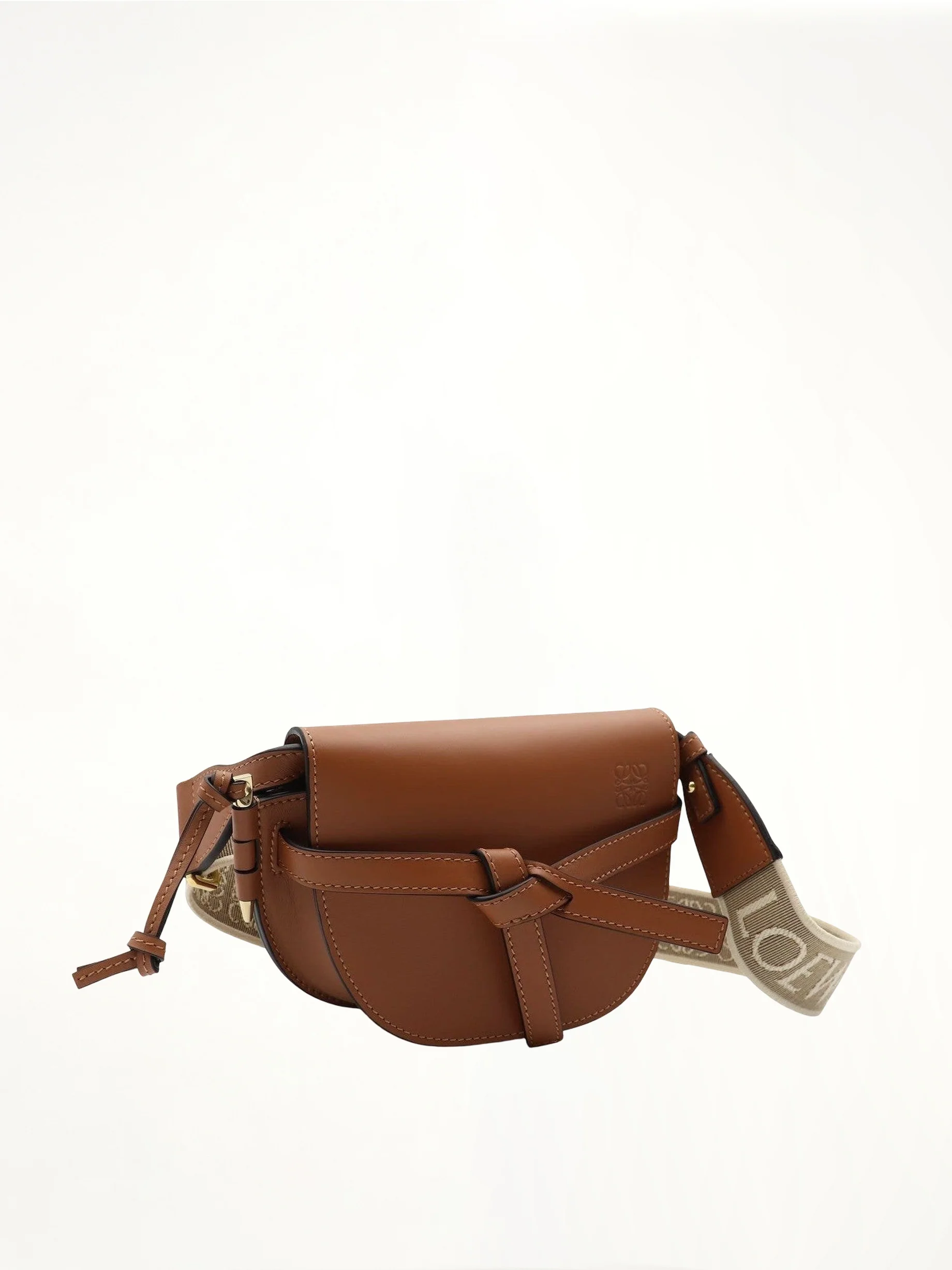 Mini Gate Dual Bag in Soft Calfskin and Jacquard Strap in Tan - Image 5