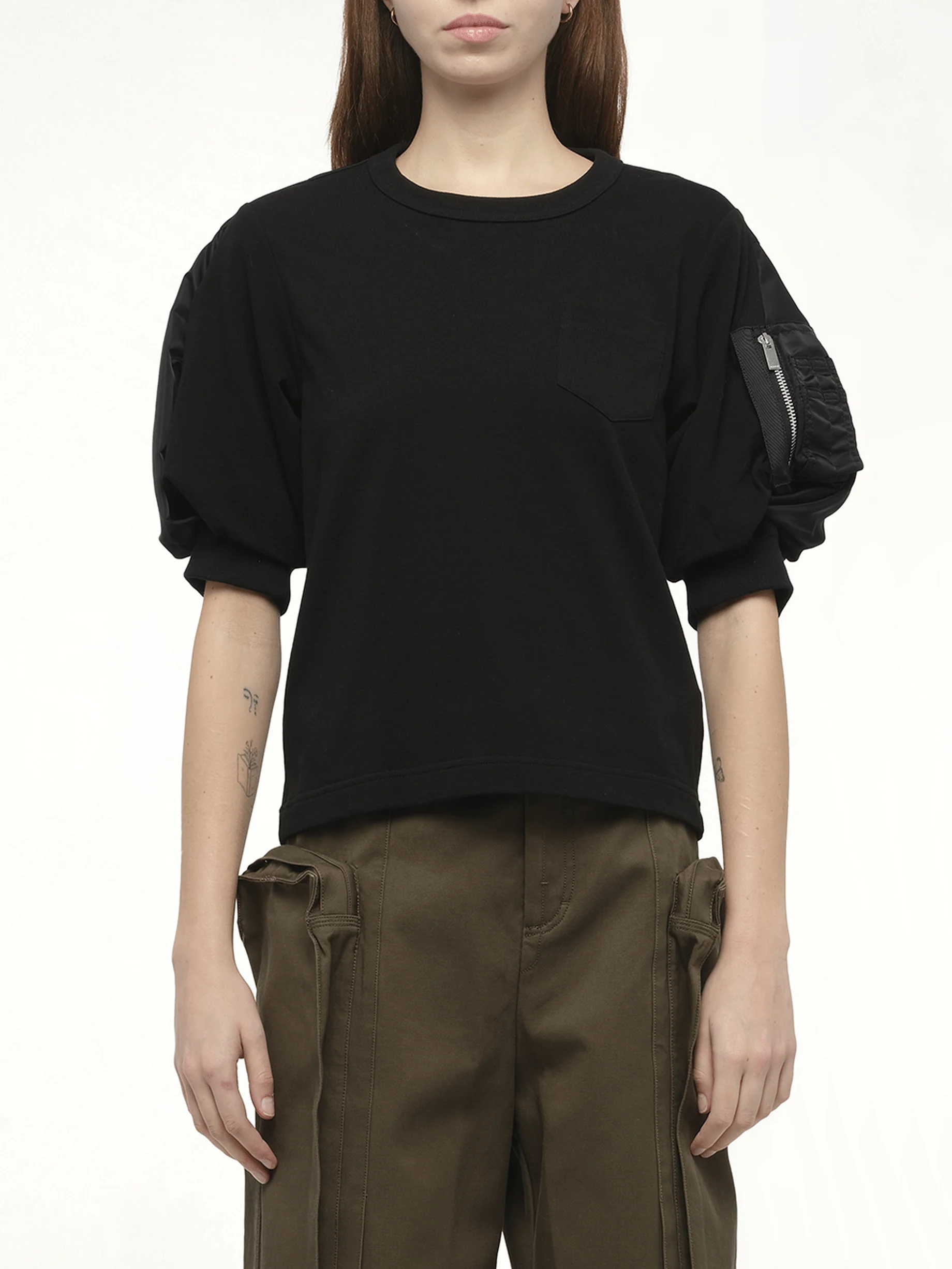 Nylon Twill x Cotton Jersey T-Shirt in Black/Black