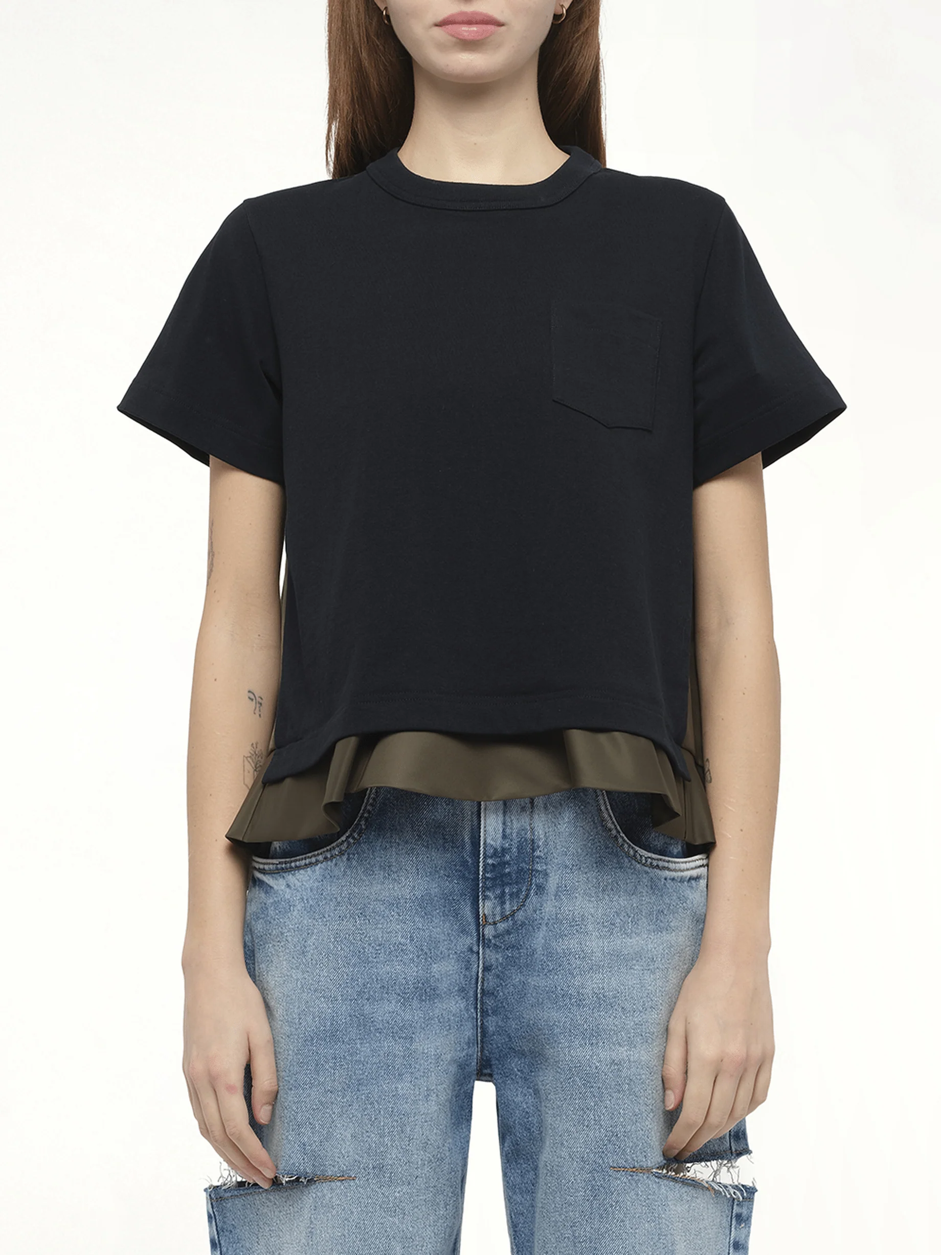Nylon Twill x Cotton Jersey T-Shirt in Navy/Dark Khaki