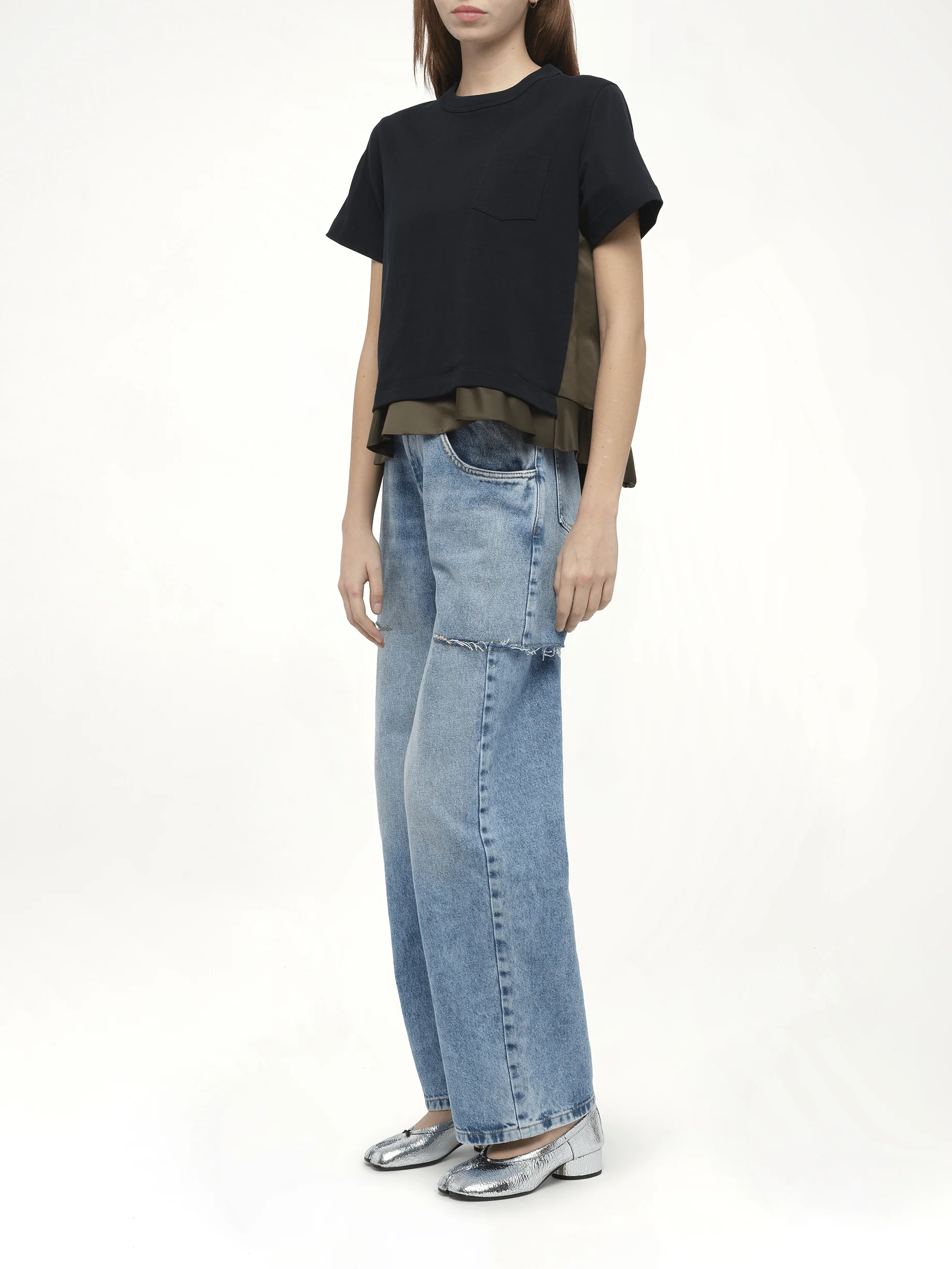 Nylon Twill x Cotton Jersey T-Shirt in Navy/Dark Khaki - Image 4
