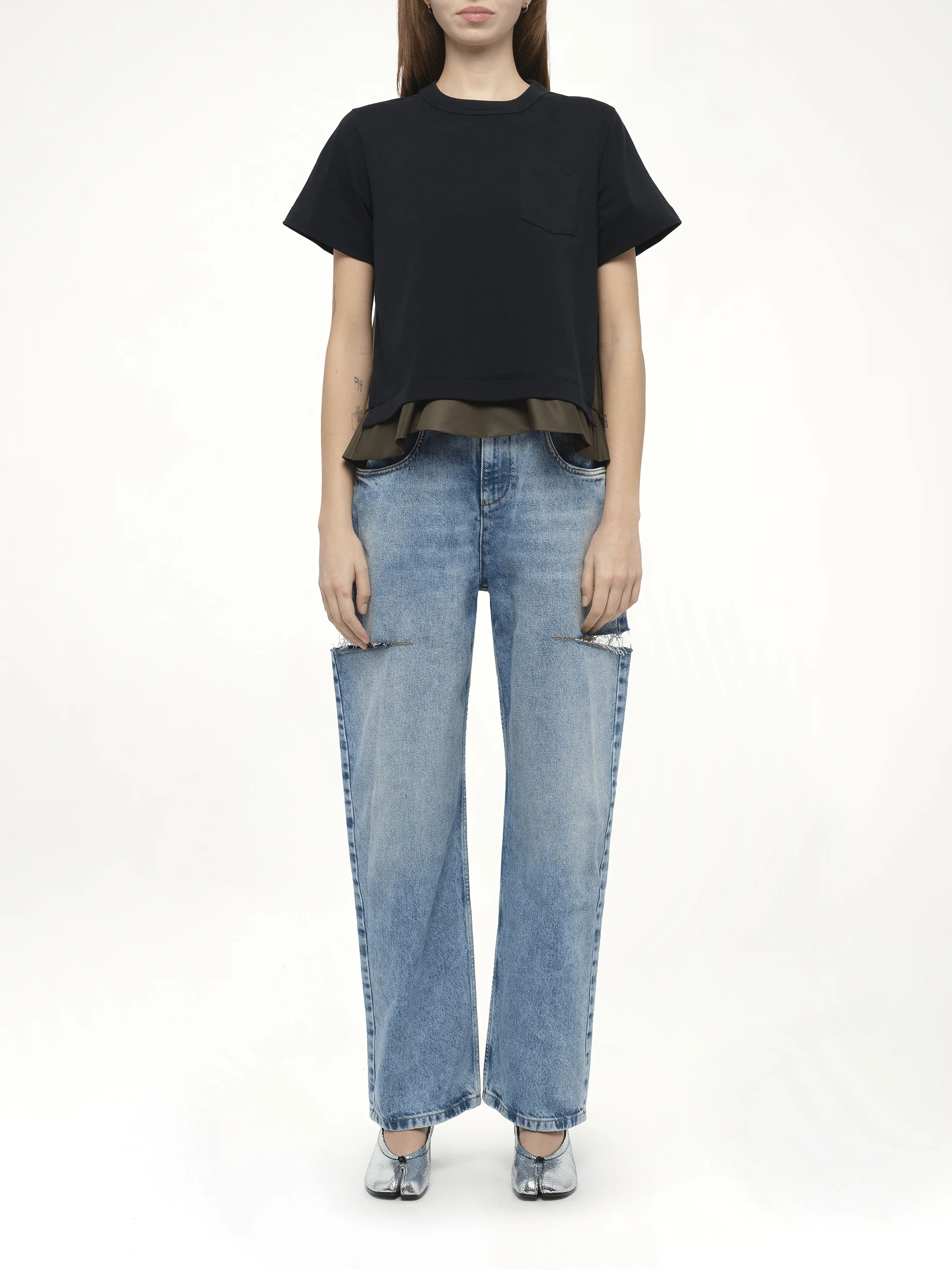 Nylon Twill x Cotton Jersey T-Shirt in Navy/Dark Khaki - Image 7