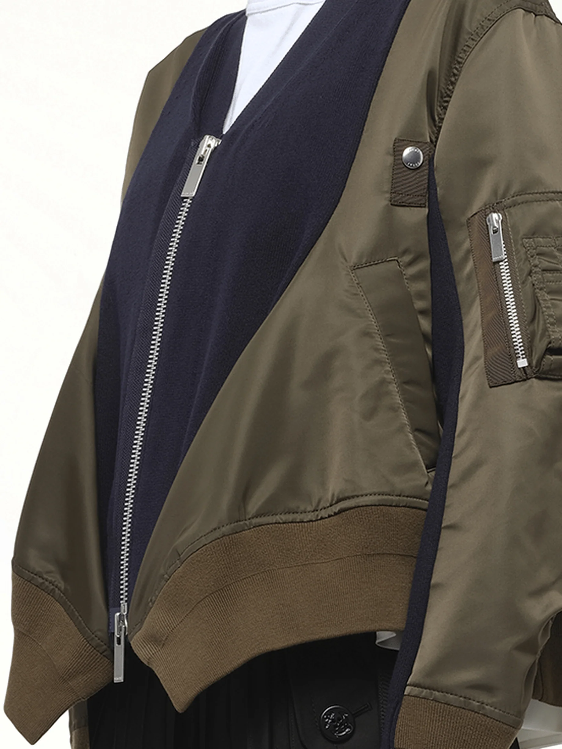 Nylon Twill x Knit Cardigan in Dark Khaki/Navy - Image 3