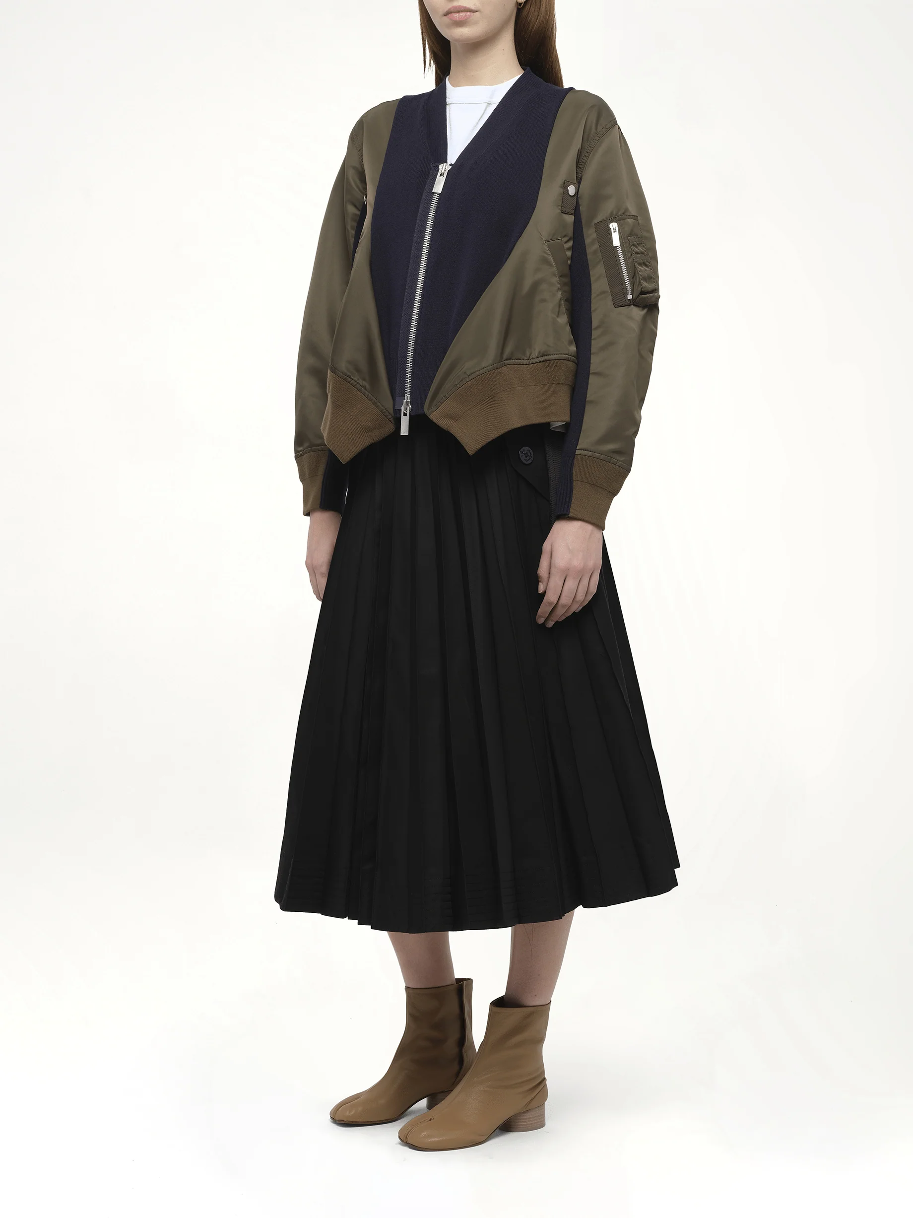 Nylon Twill x Knit Cardigan in Dark Khaki/Navy - Image 4
