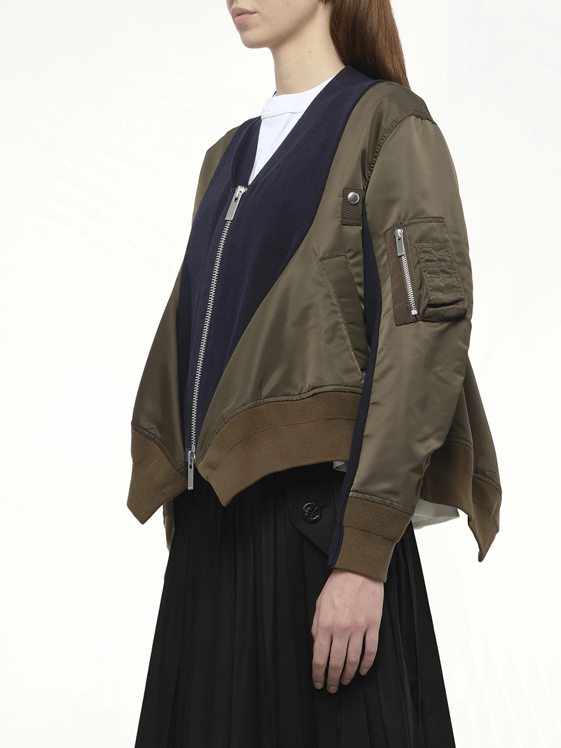 Nylon Twill x Knit Cardigan in Dark Khaki/Navy - Image 5