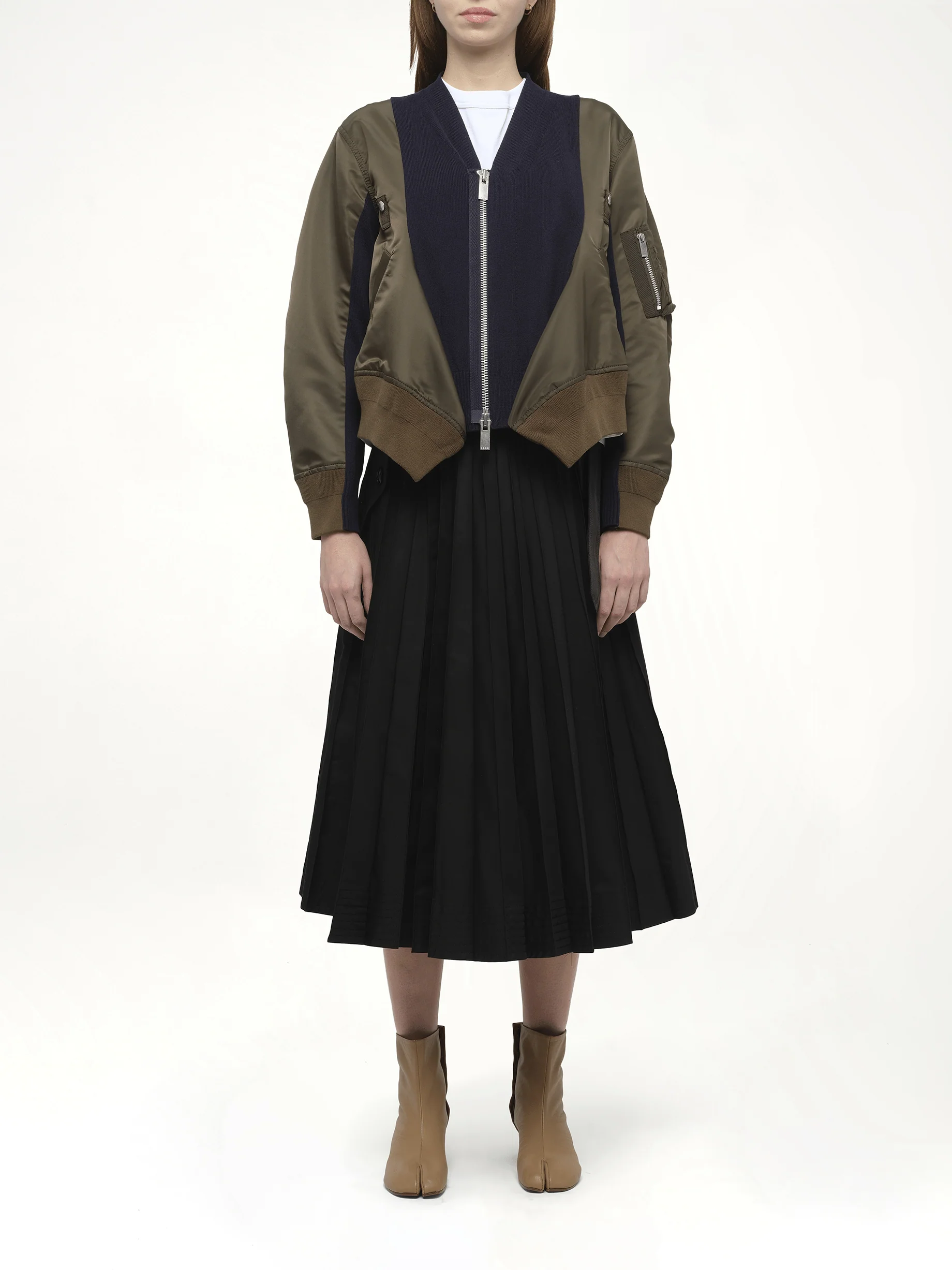 Nylon Twill x Knit Cardigan in Dark Khaki/Navy - Image 7