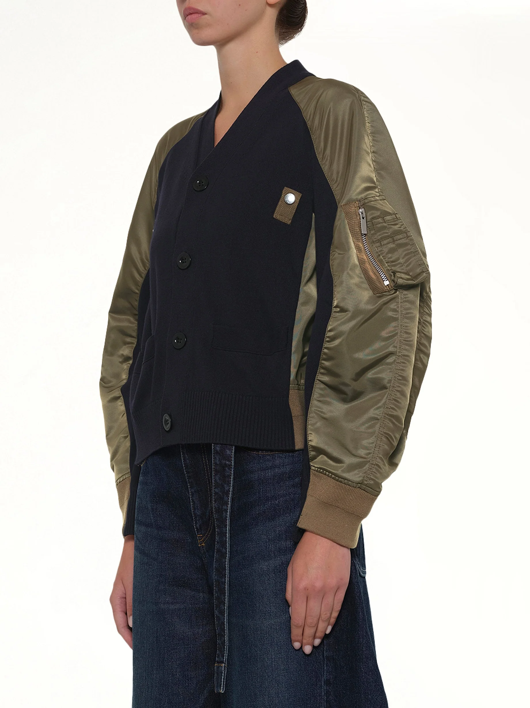 Nylon Twill x Knit Cardigan in Navy/Dark Khaki - Image 3