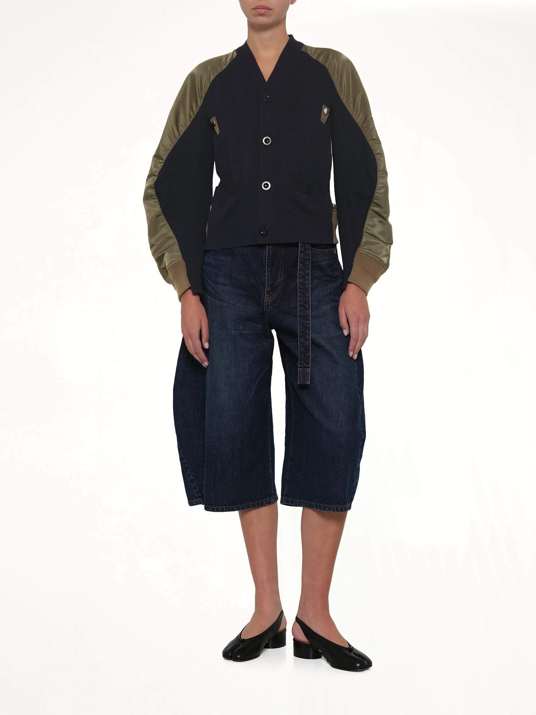 Nylon Twill x Knit Cardigan in Navy/Dark Khaki - Image 4