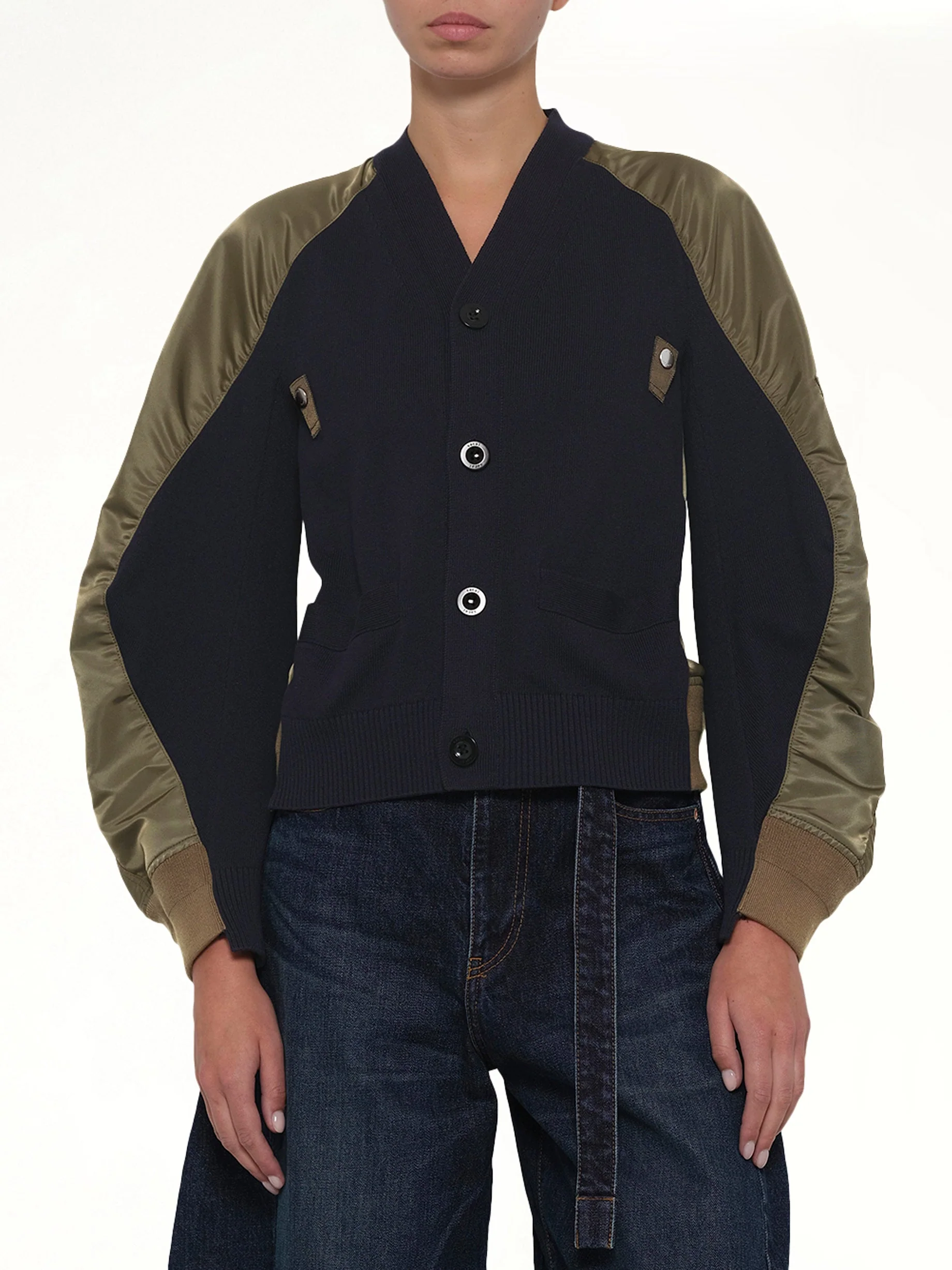 Nylon Twill x Knit Cardigan in Navy/Dark Khaki - Image 6
