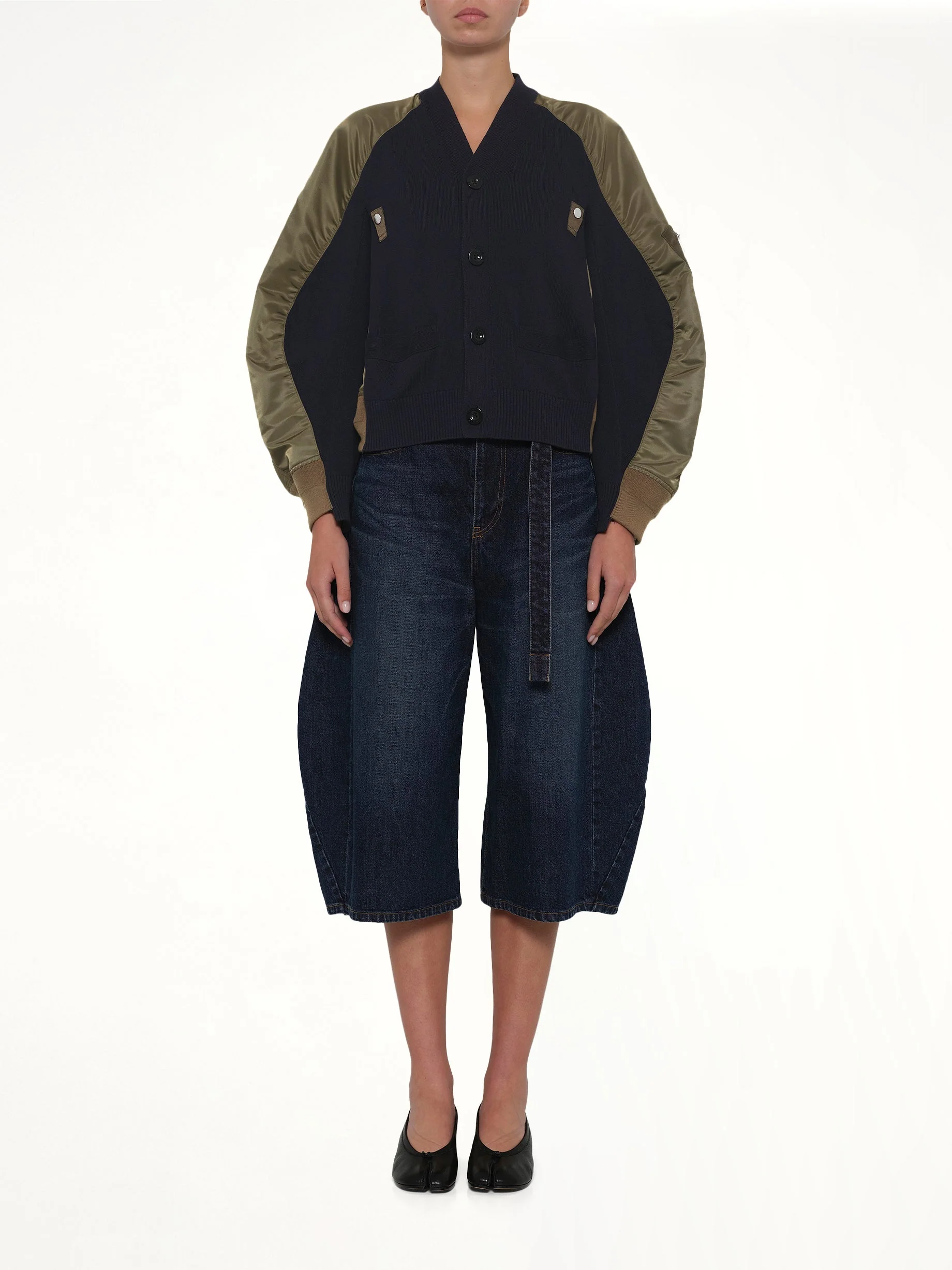 Nylon Twill x Knit Cardigan in Navy/Dark Khaki - Image 7
