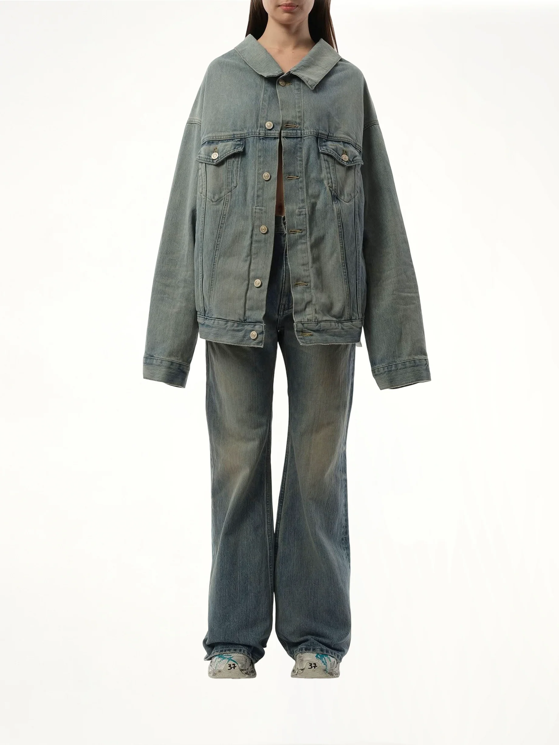 Off Shoulder Selvedge Denim Jacket in Blue - Image 4