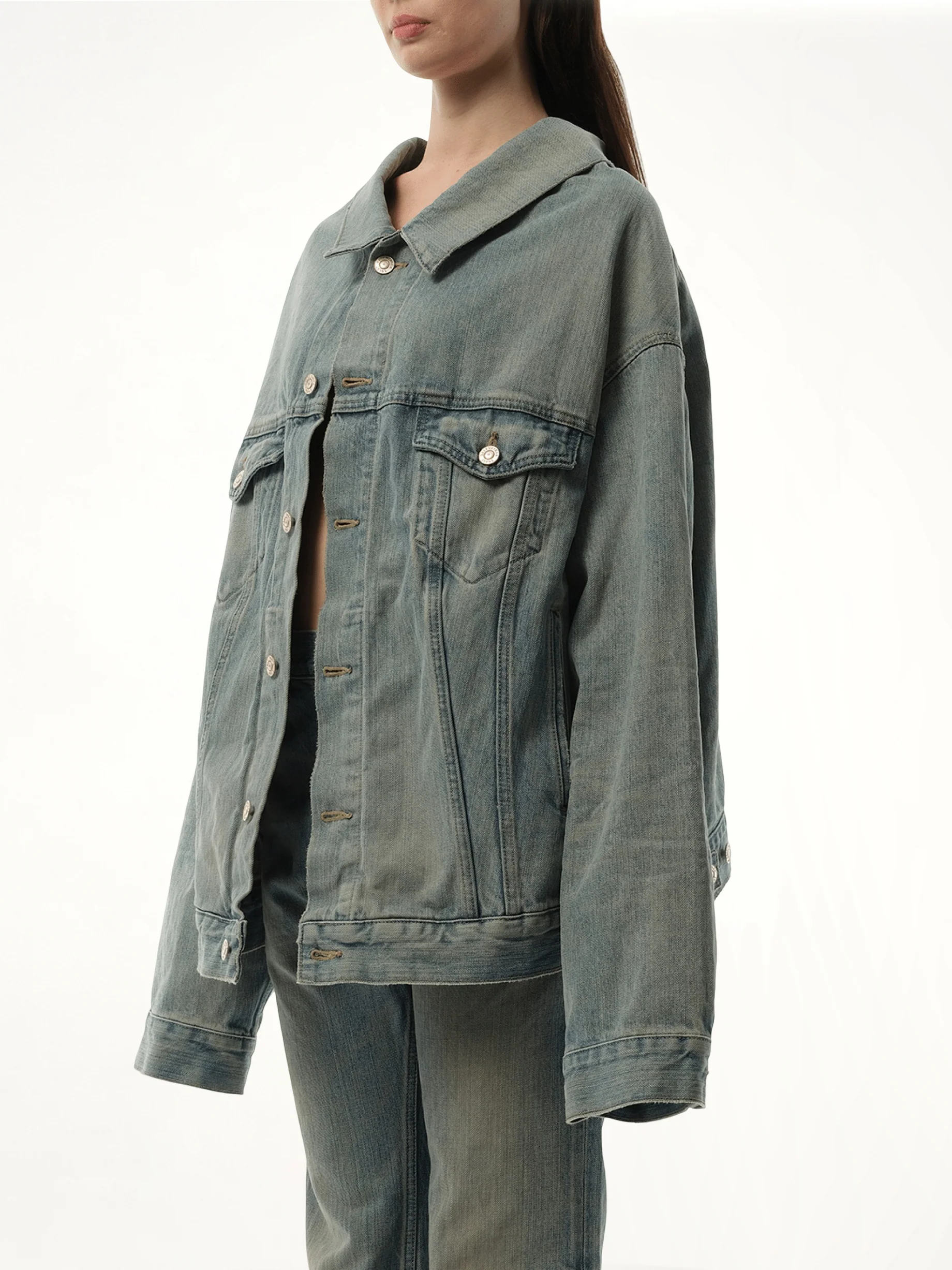Off Shoulder Selvedge Denim Jacket in Blue - Image 5