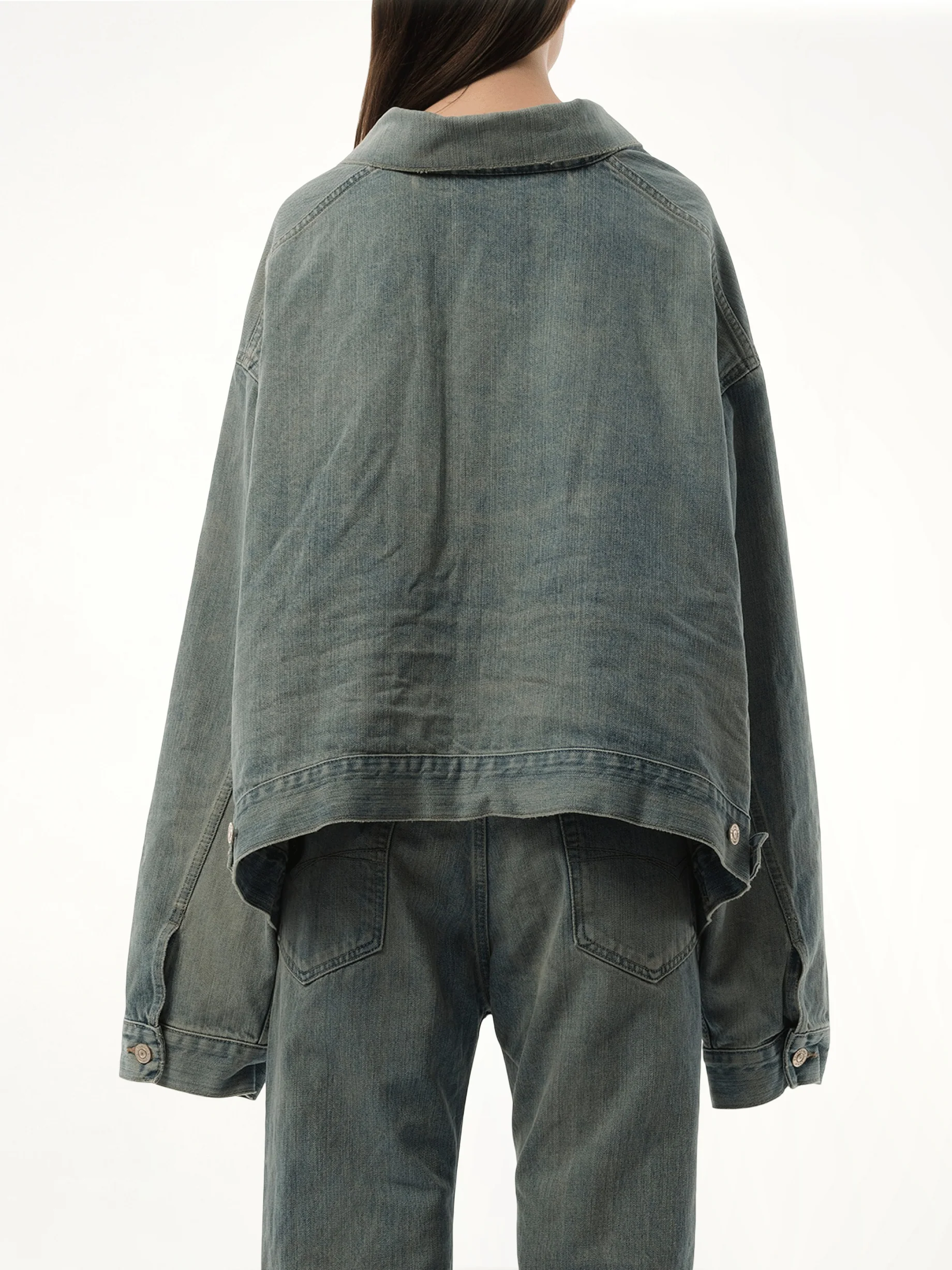 Off Shoulder Selvedge Denim Jacket in Blue - Image 6