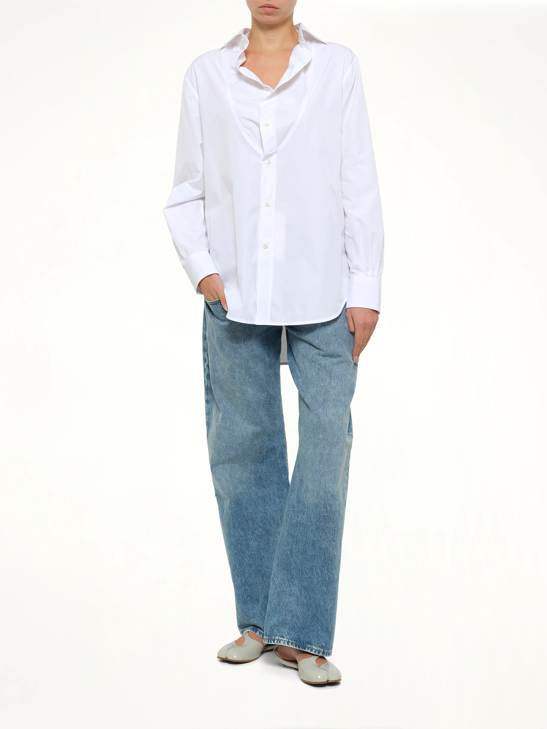 Open Neck Long Sleeve Shirt in White - Image 4