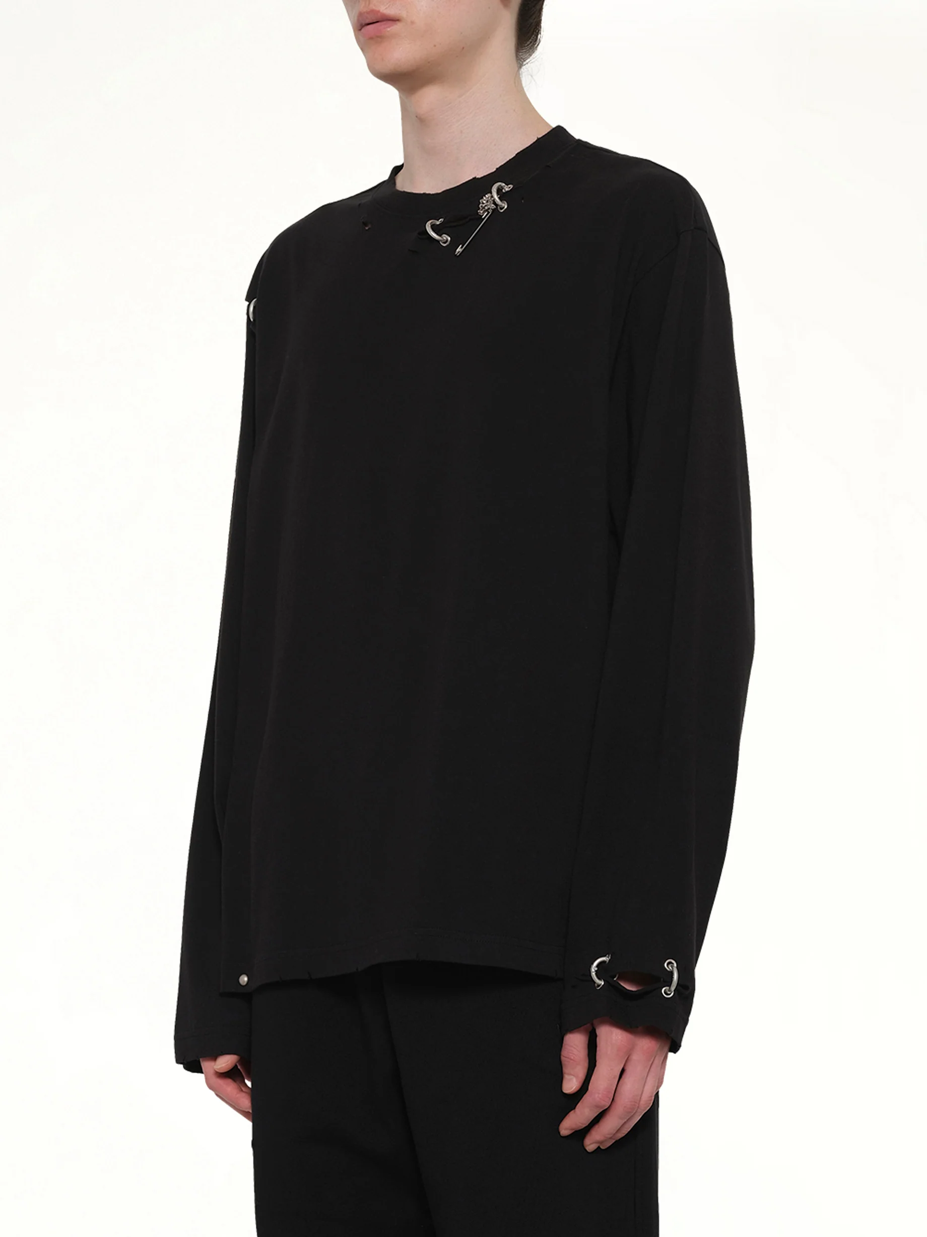 Piercing Detail Long Sleeve T-Shirt in Black - Image 3