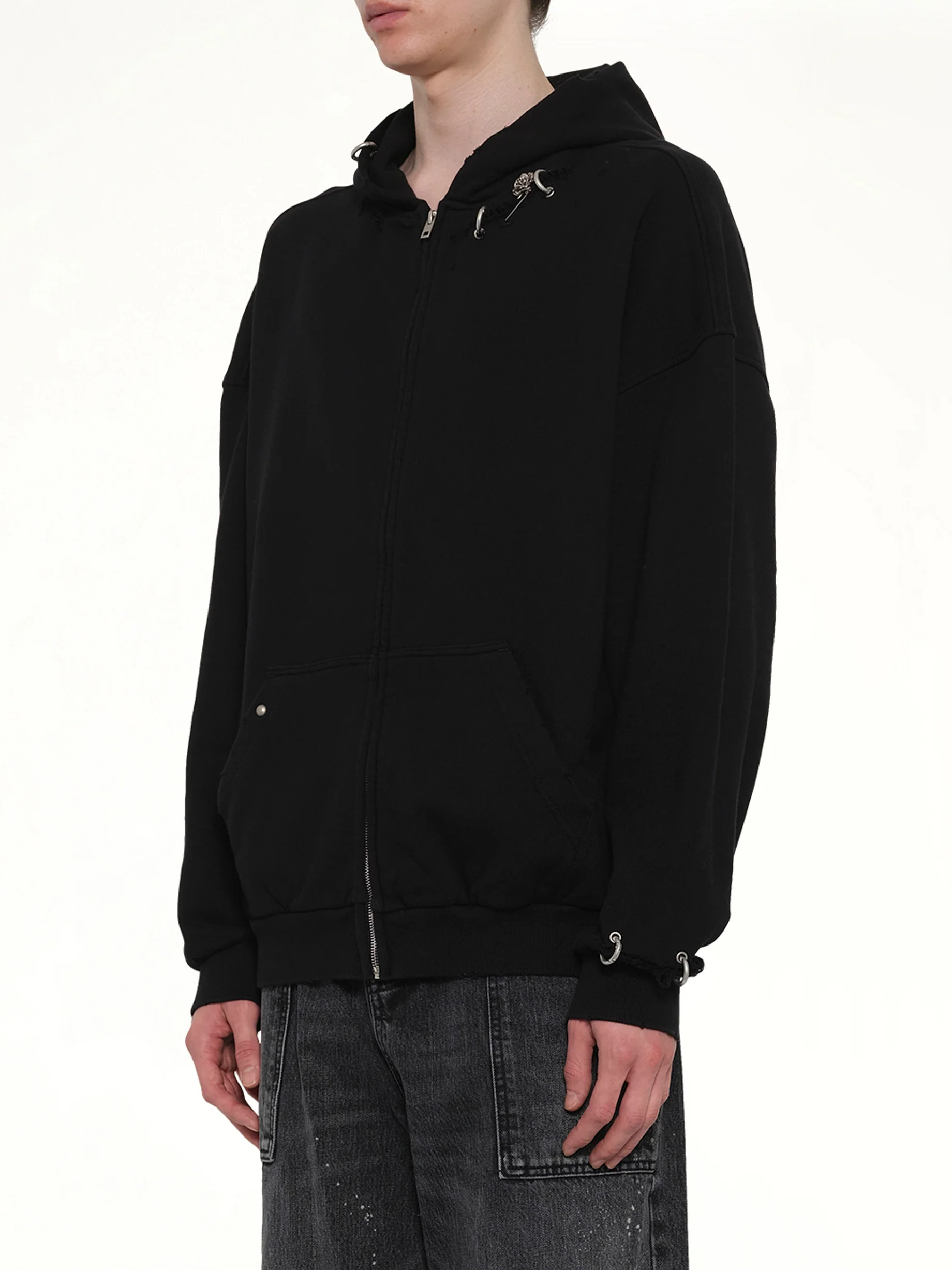 Piercing Detail Zip-Up Hoodie in Black - Image 3