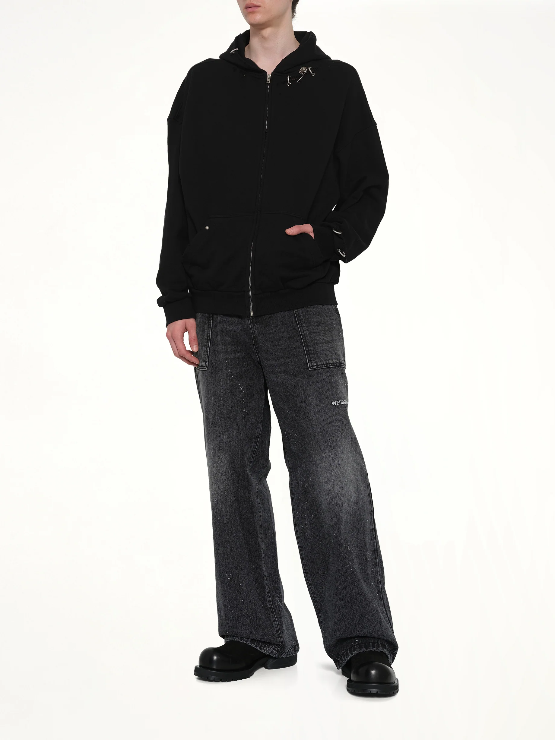 Piercing Detail Zip-Up Hoodie in Black - Image 4