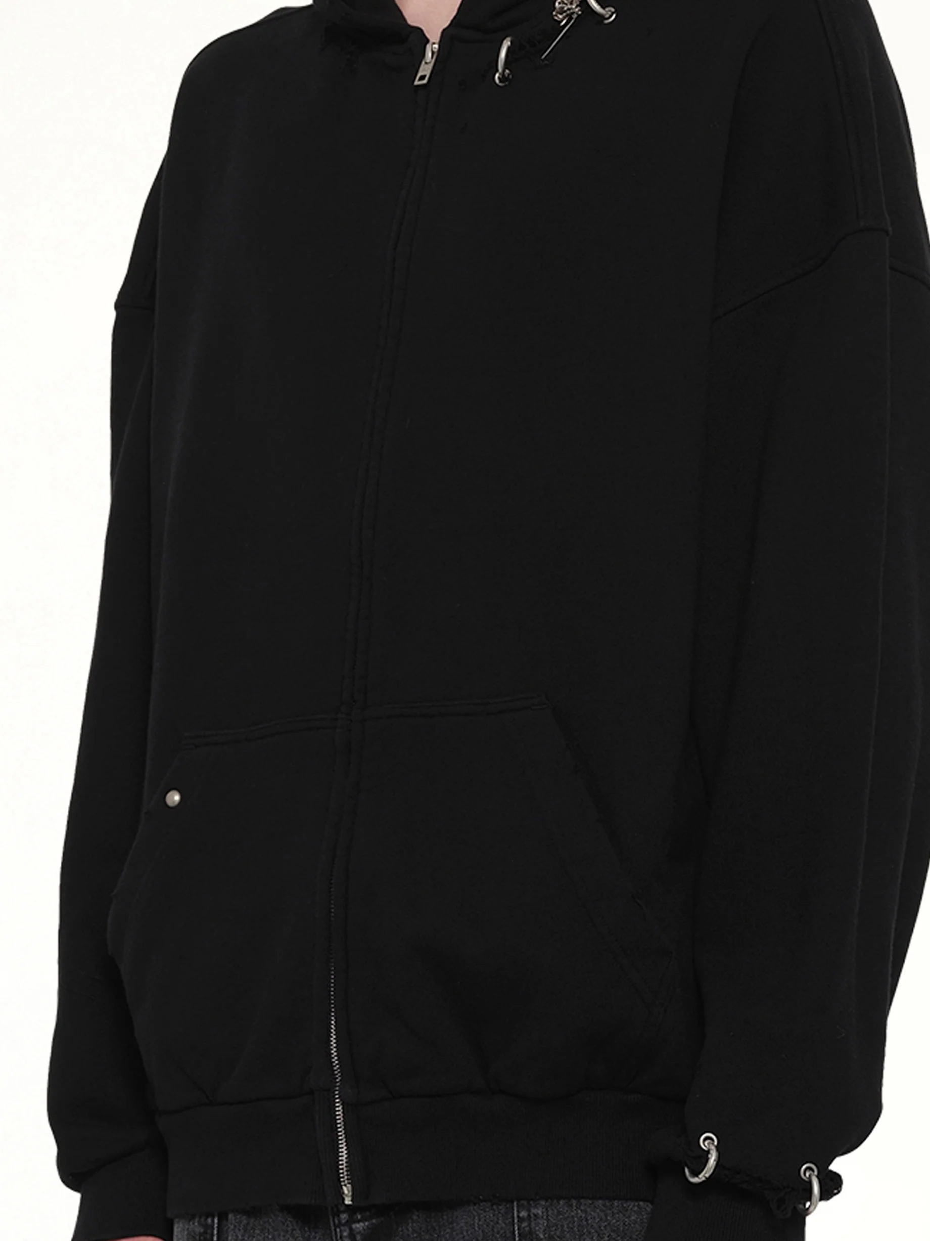 Piercing Detail Zip-Up Hoodie in Black - Image 6