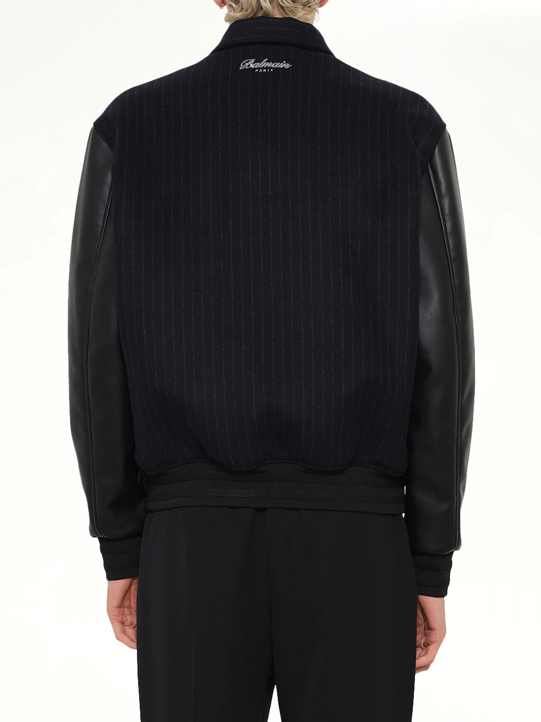 Pinstripe Wool Varsity Jacket in Blue Marine - Image 5