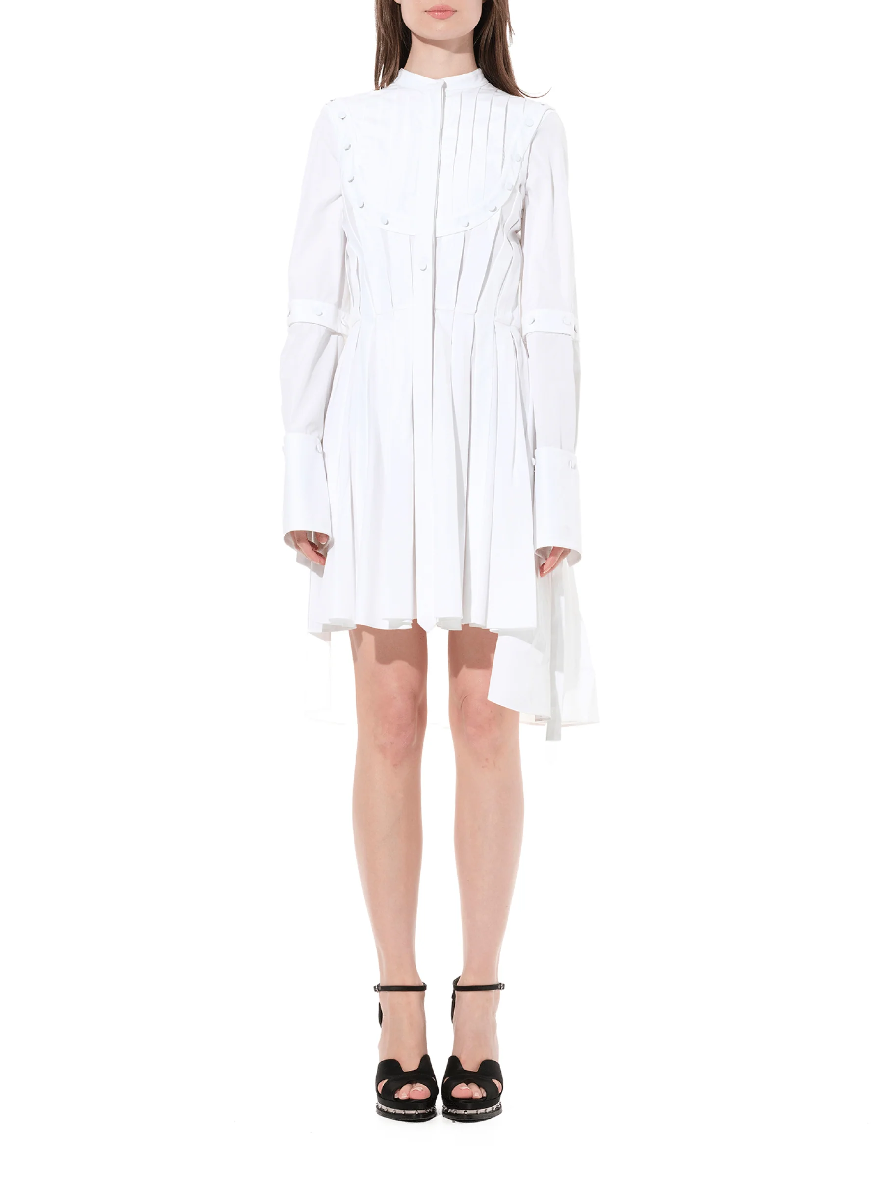 Pleated Sleeves Cotton Dress in White - Image 4