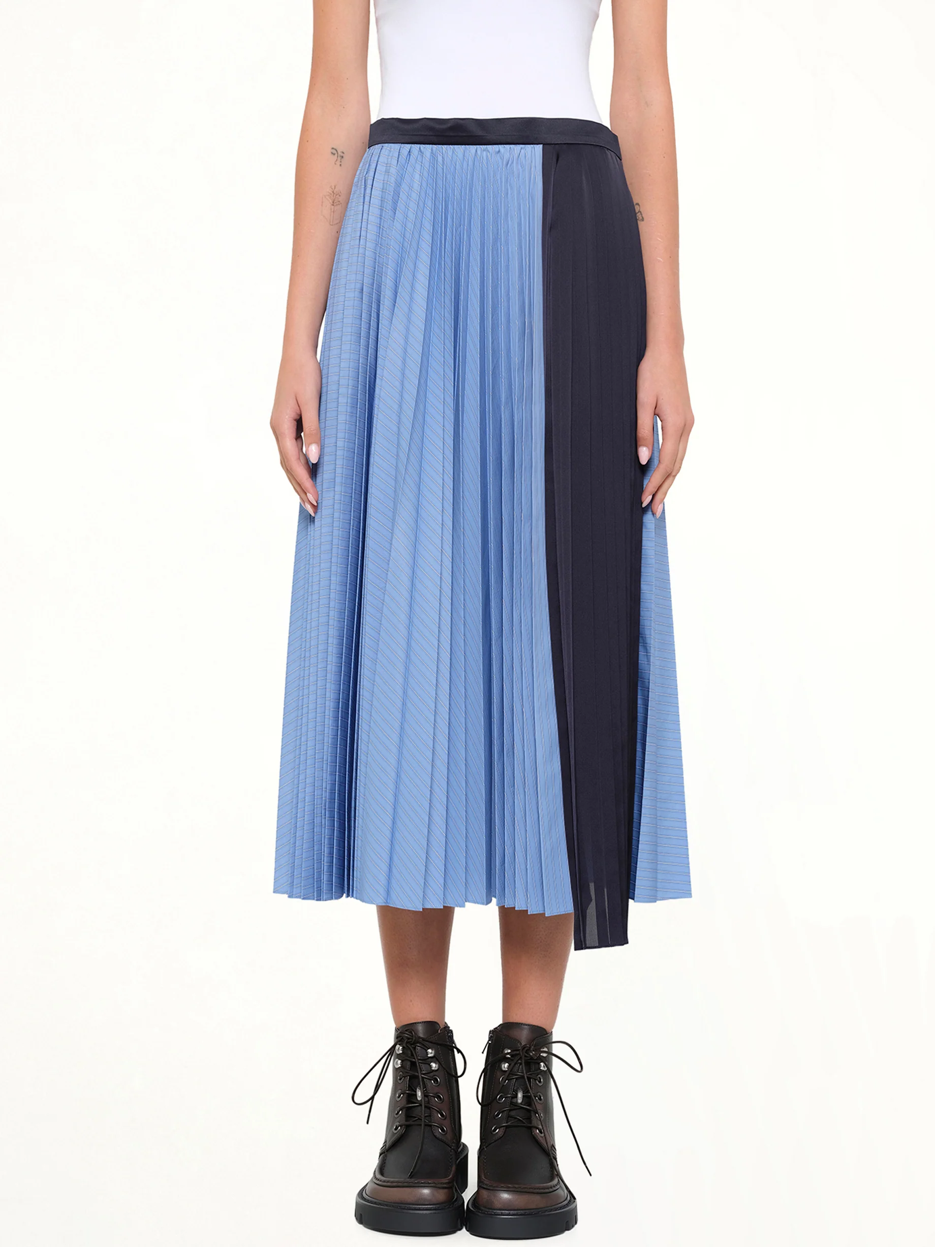 Poplin Pleat Skirt in Blue Stripe