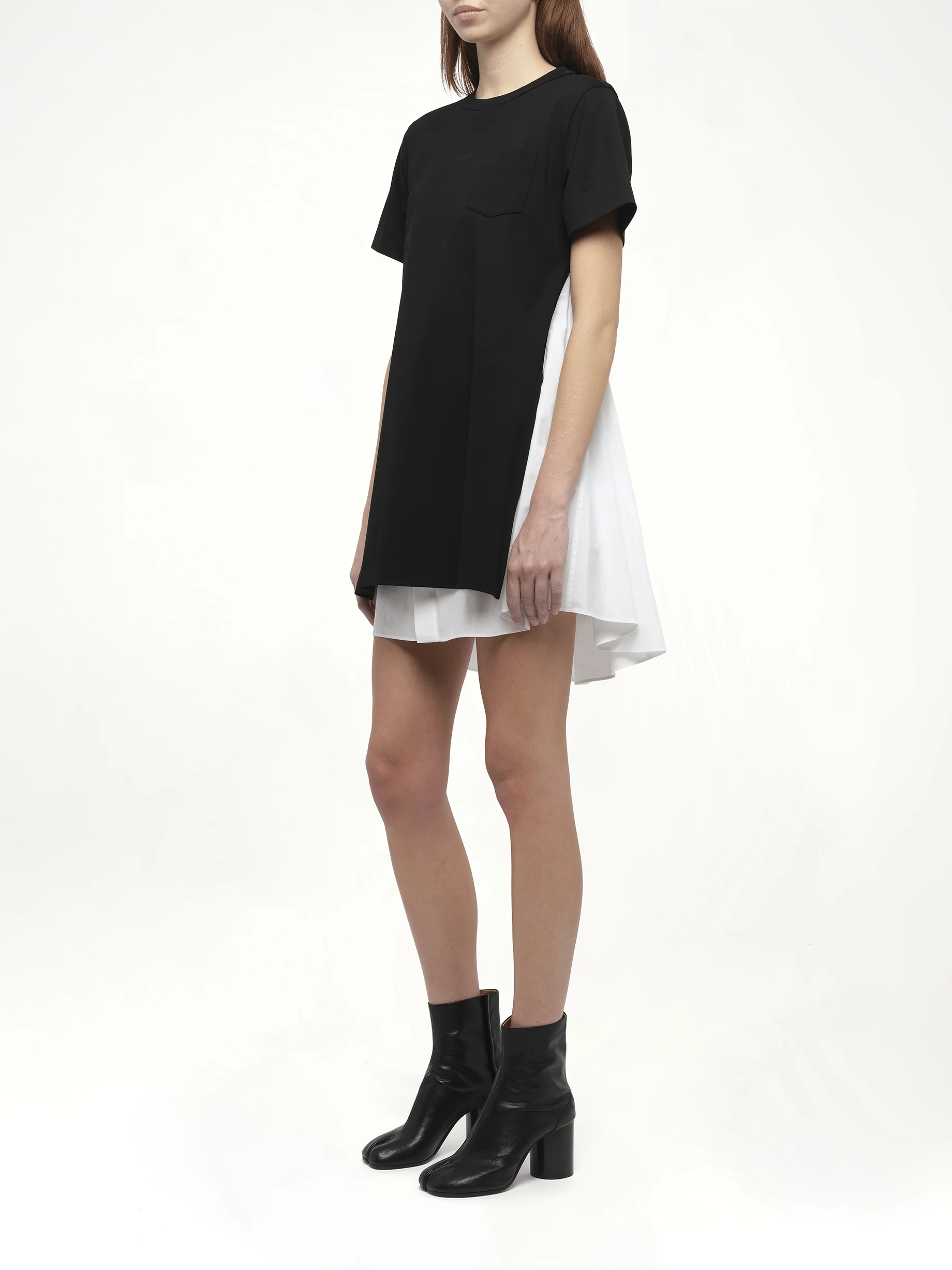 Poplin x Cotton Jersey Dress in Black/Off White - Image 4