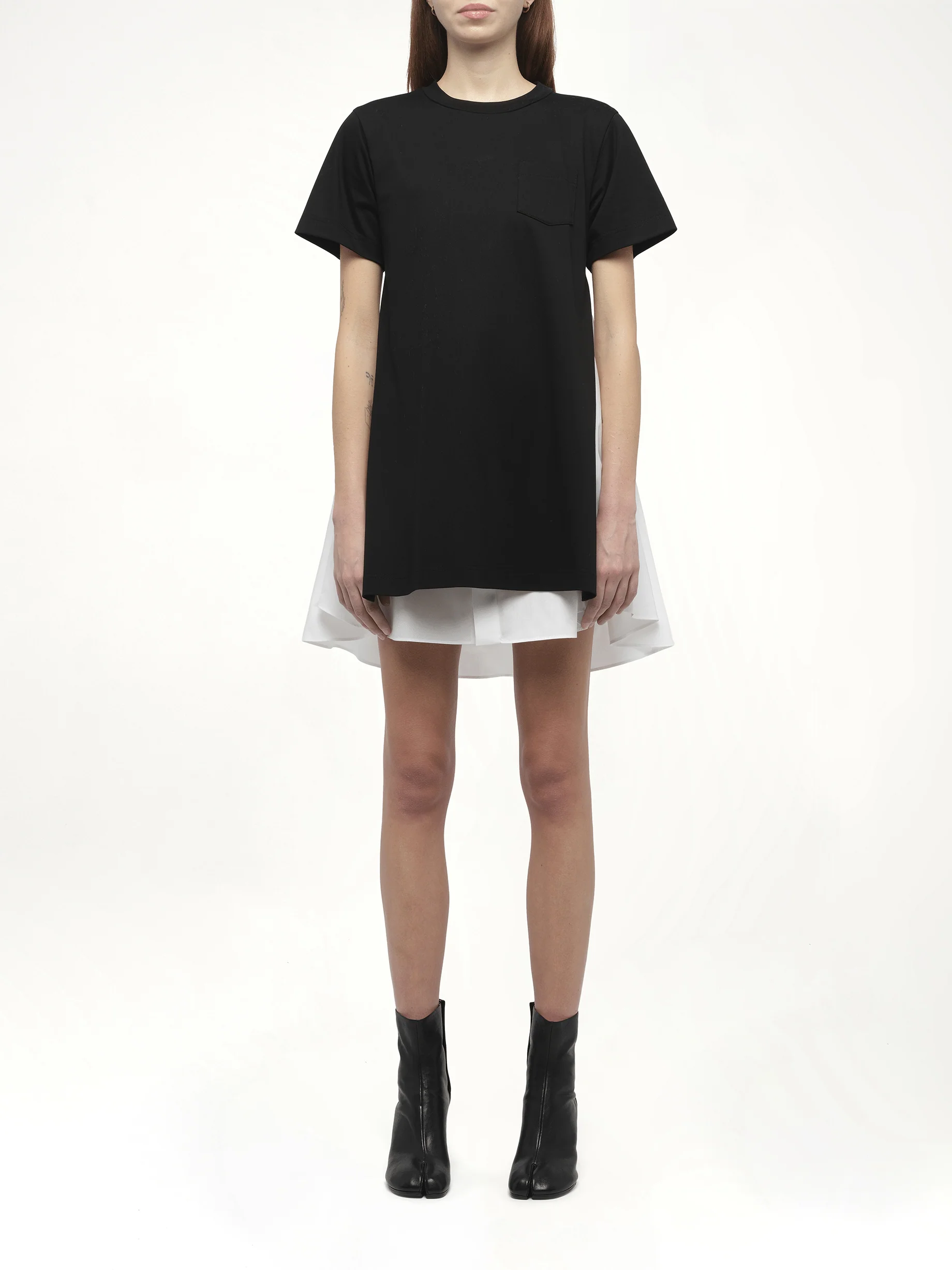 Poplin x Cotton Jersey Dress in Black/Off White - Image 7