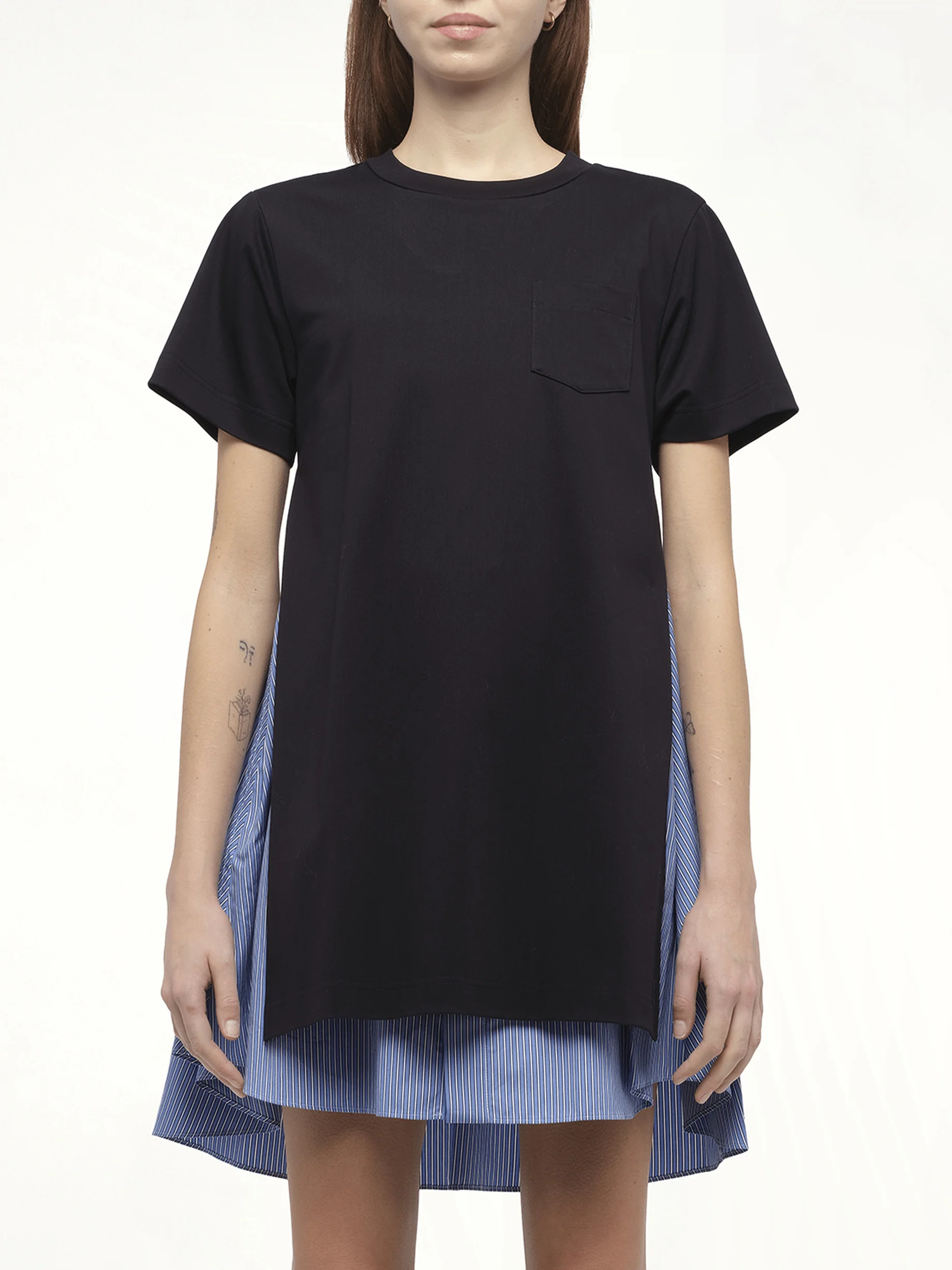 Poplin x Cotton Jersey Dress in Navy/Blue Stripe