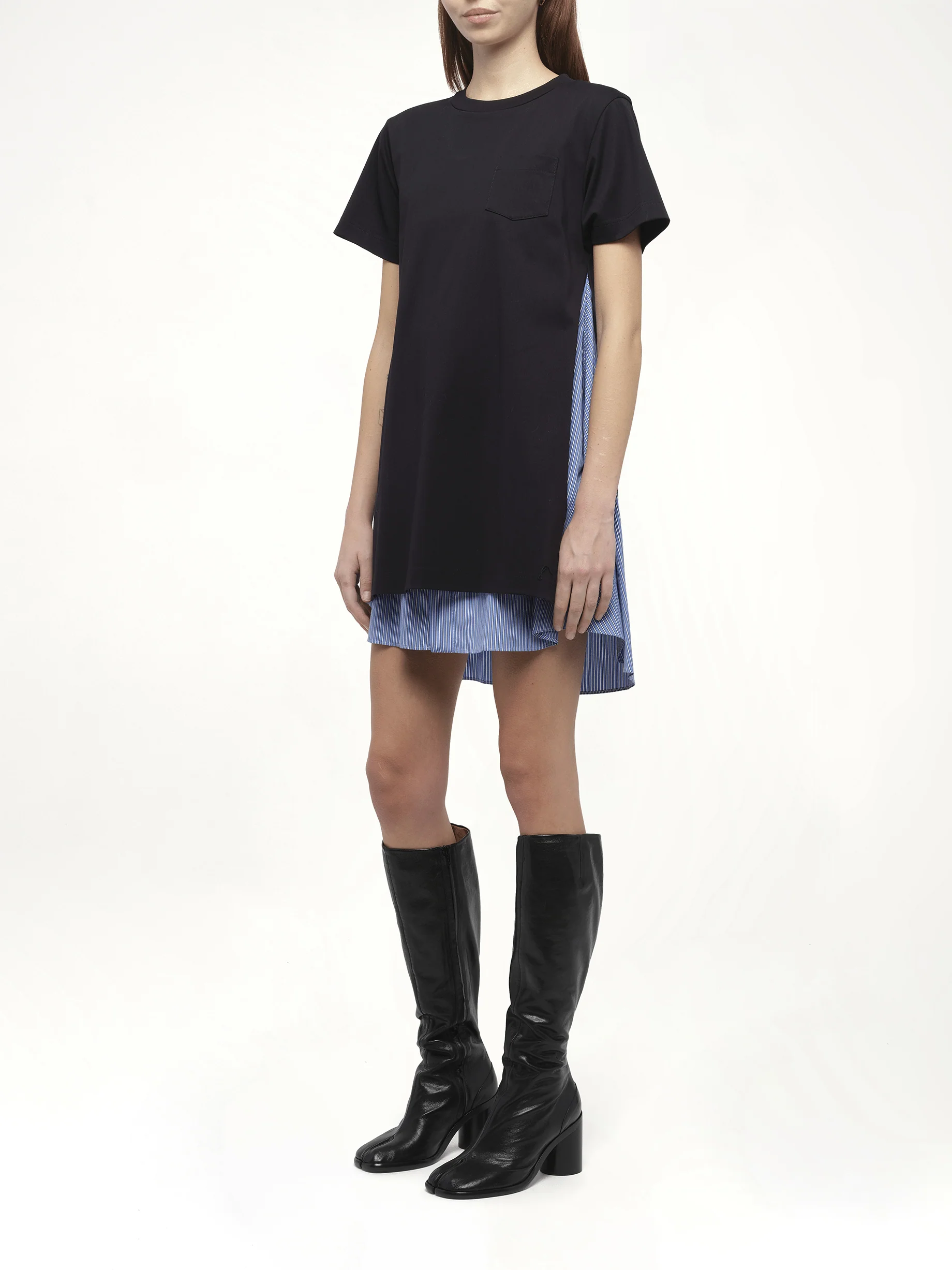 Poplin x Cotton Jersey Dress in Navy/Blue Stripe - Image 4