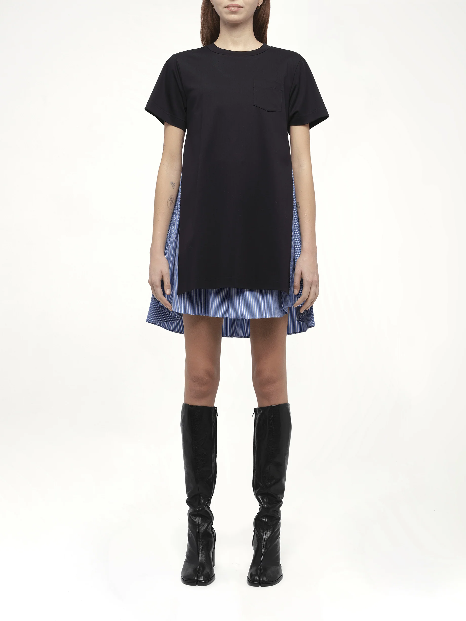 Poplin x Cotton Jersey Dress in Navy/Blue Stripe - Image 7