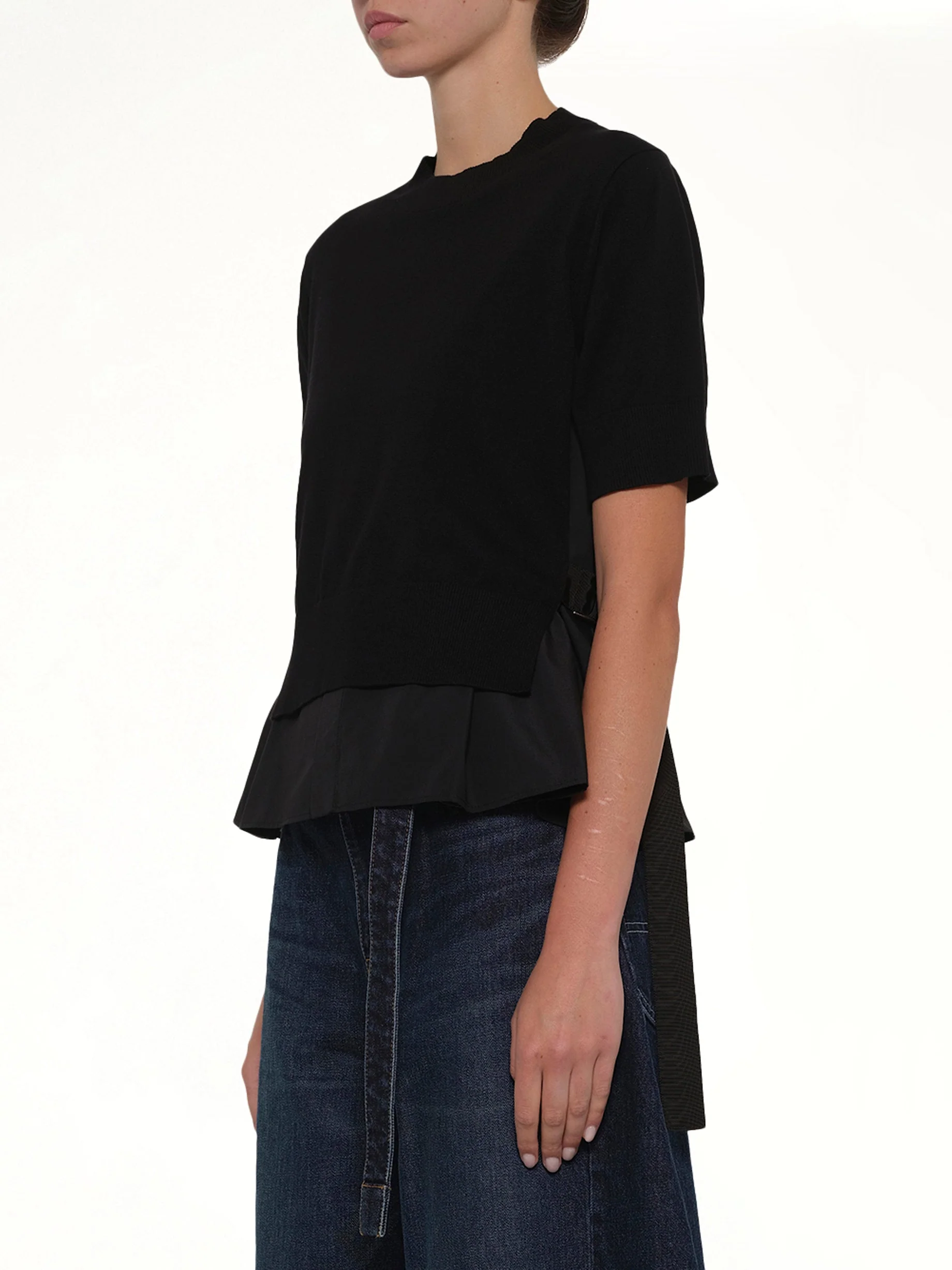 Poplin x Cotton Knit Pullover in Black - Image 3