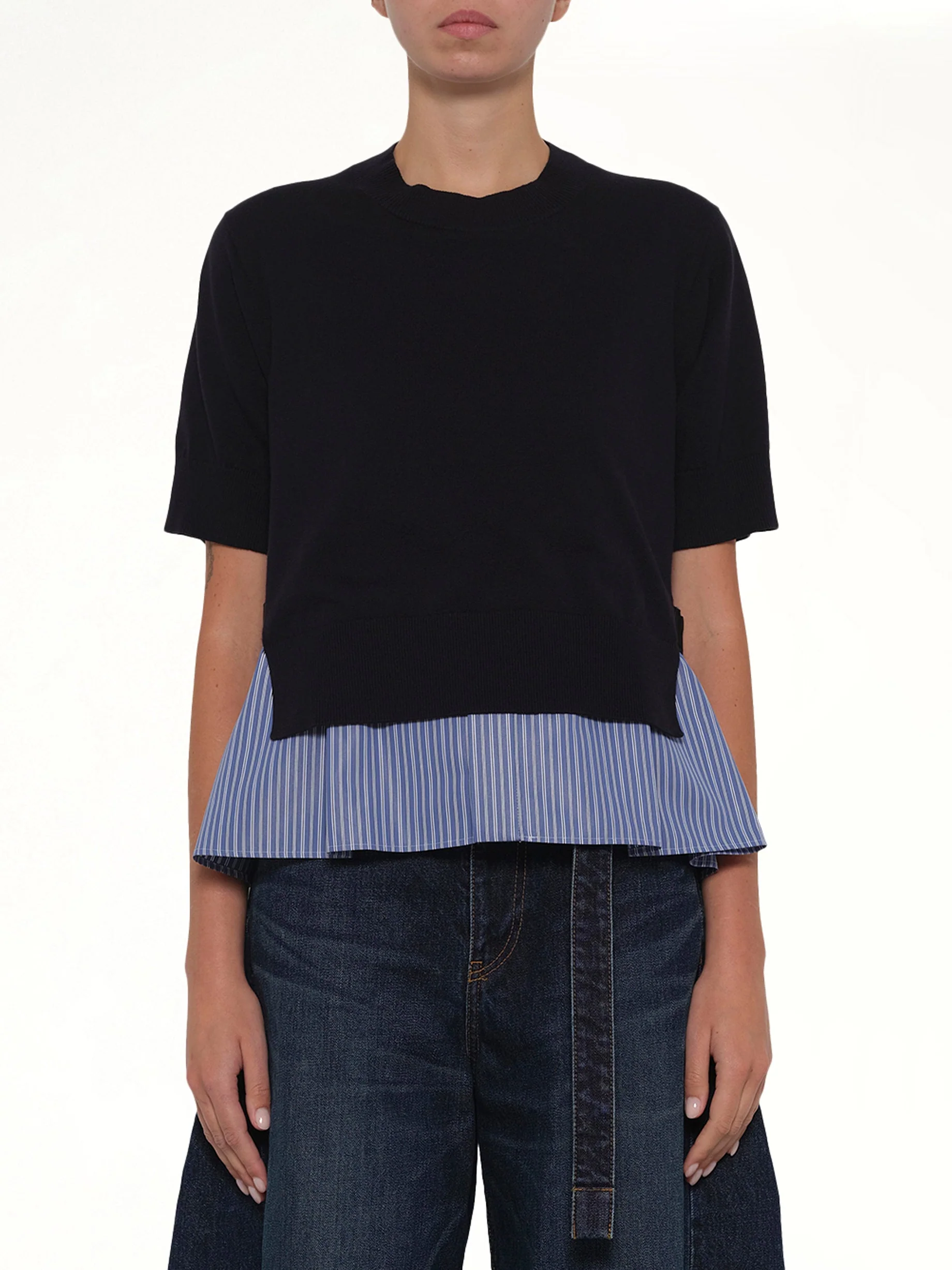 Poplin x Cotton Knit Pullover in Navy