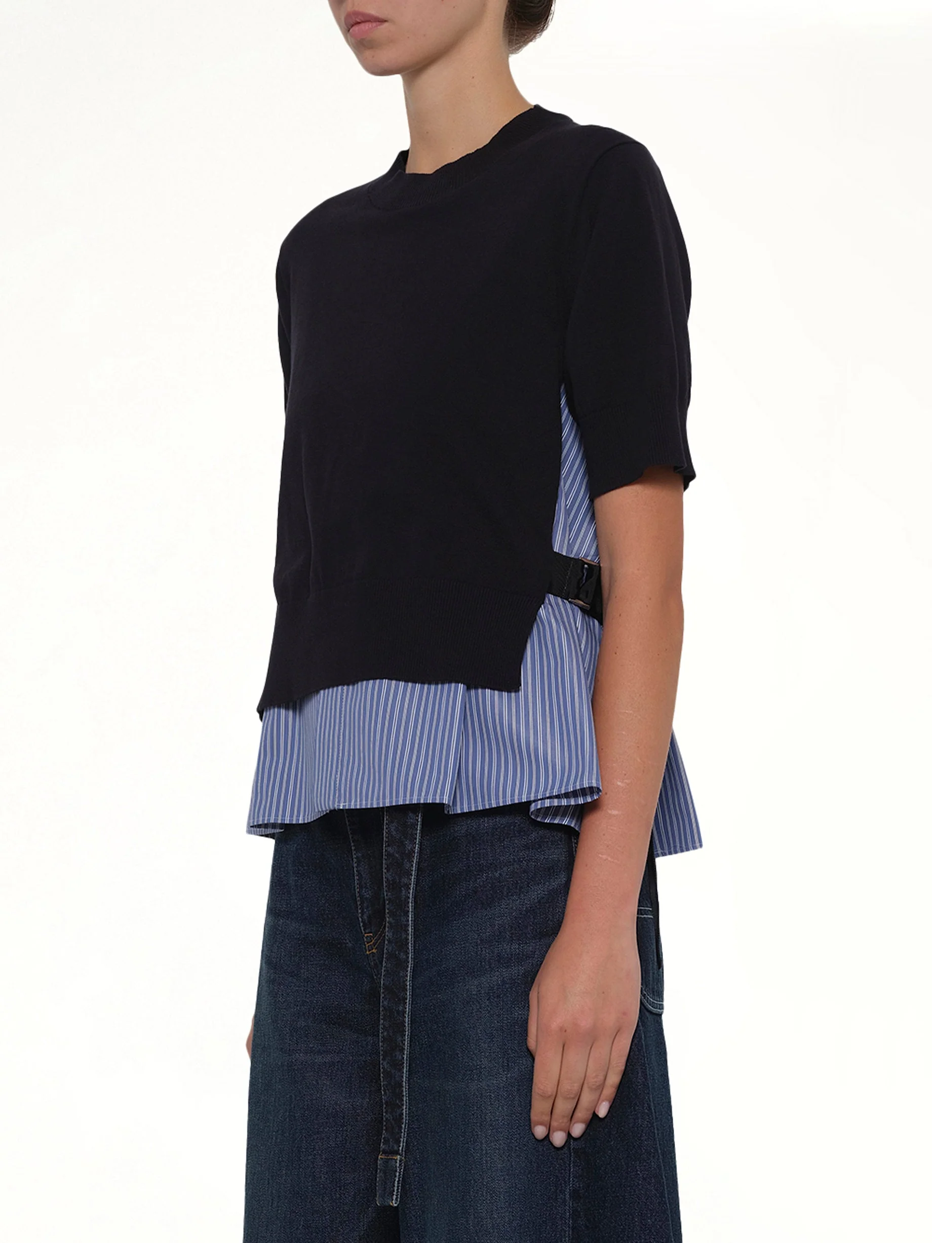 Poplin x Cotton Knit Pullover in Navy - Image 3