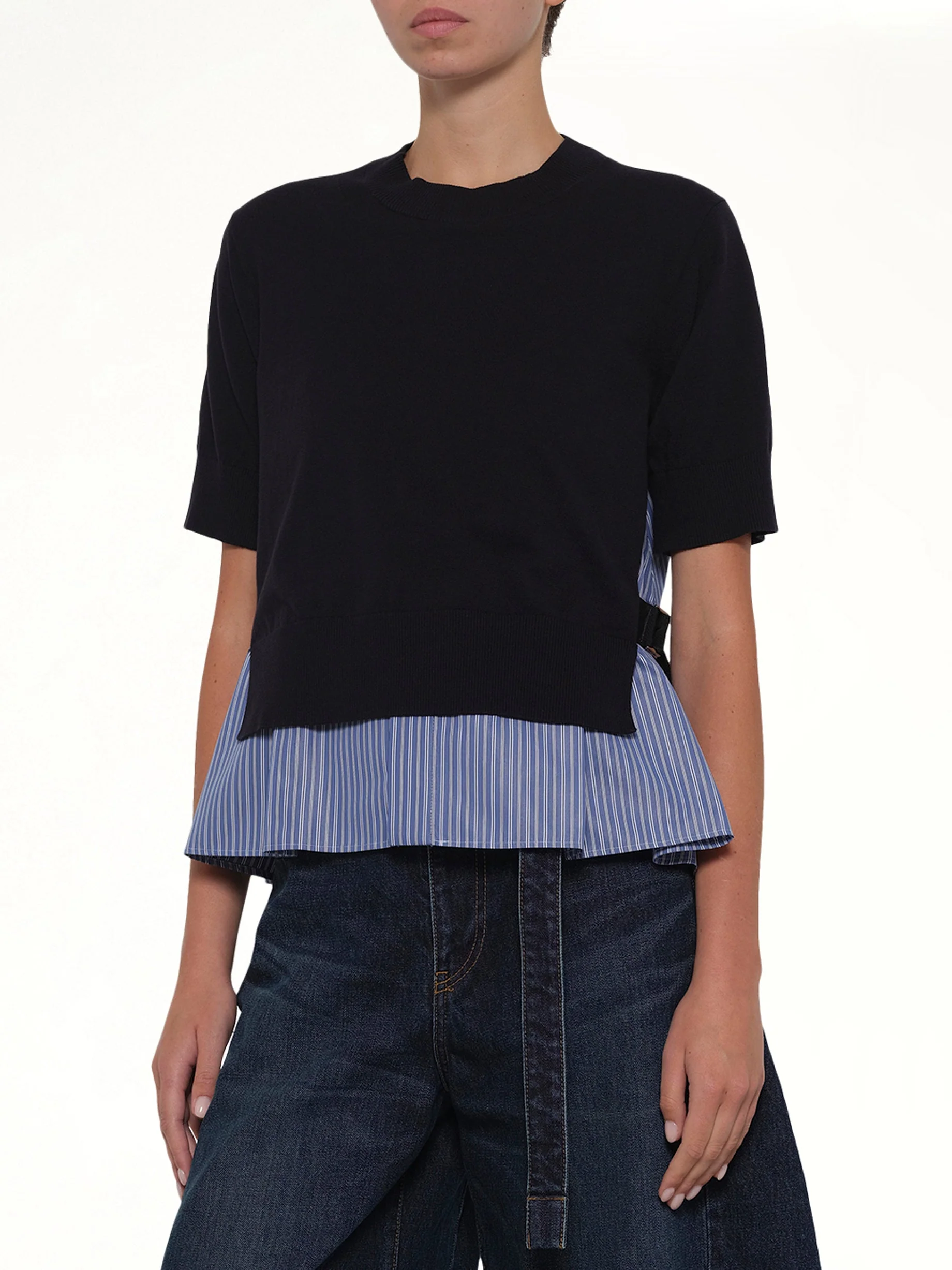 Poplin x Cotton Knit Pullover in Navy - Image 6