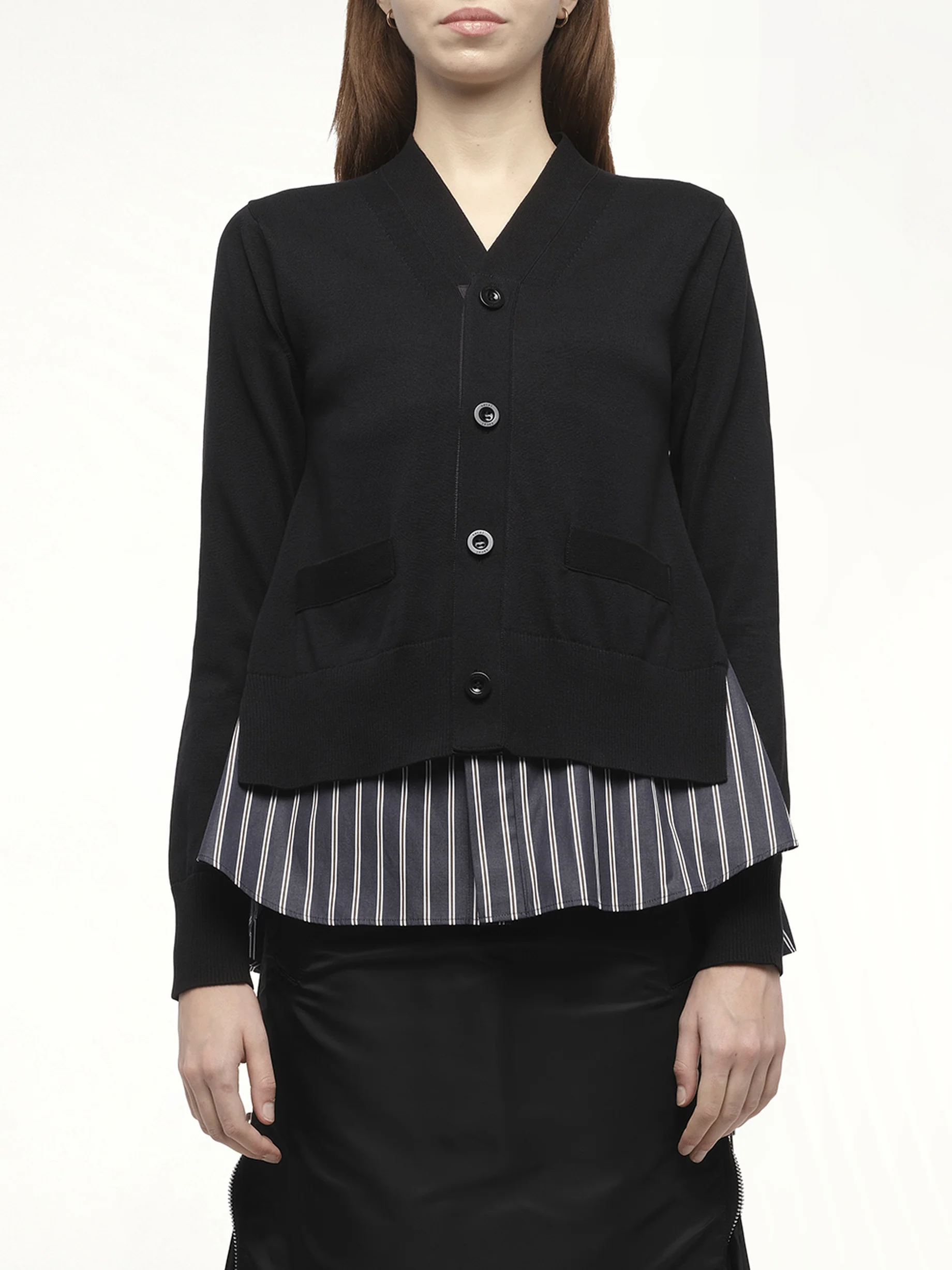 Poplin x Knit Cardigan in Black/Dark Navy Stripe