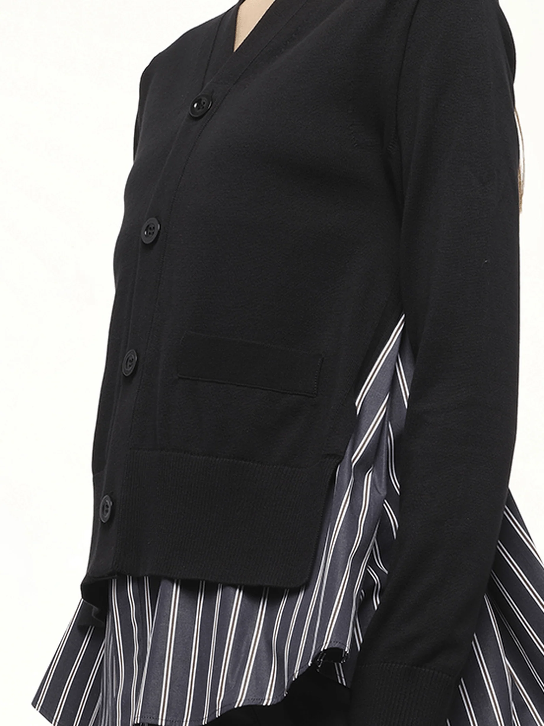 Poplin x Knit Cardigan in Black/Dark Navy Stripe - Image 3