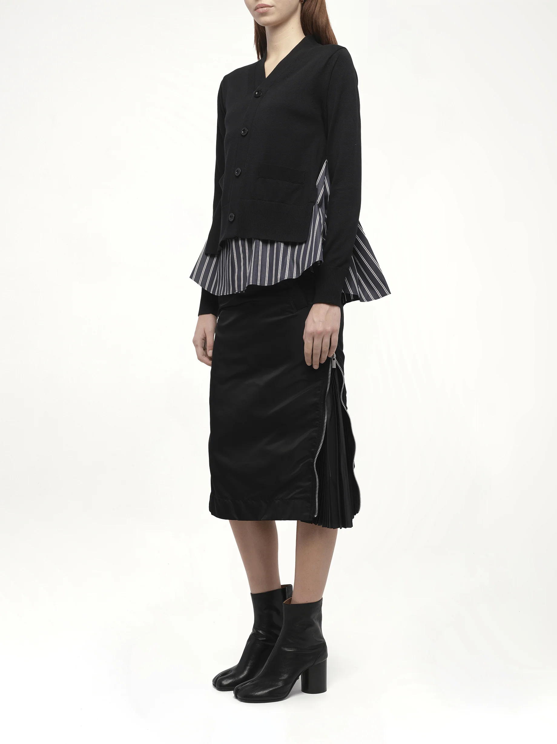 Poplin x Knit Cardigan in Black/Dark Navy Stripe - Image 4