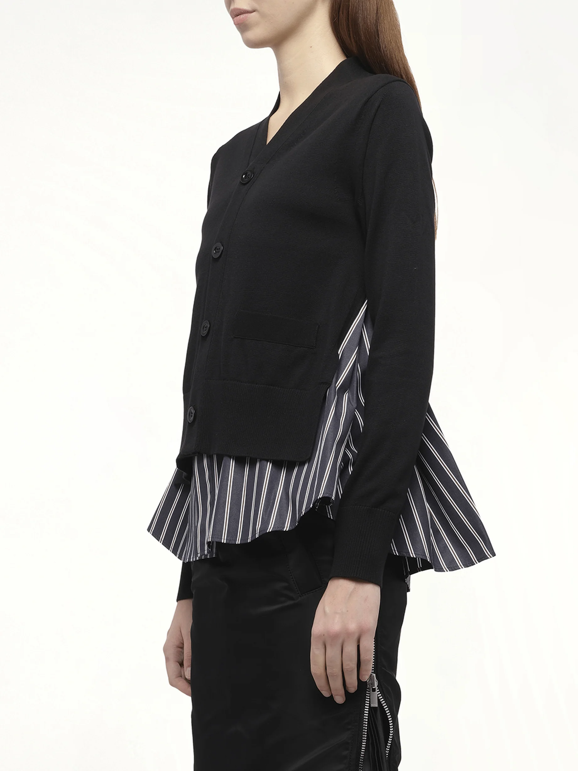 Poplin x Knit Cardigan in Black/Dark Navy Stripe - Image 5