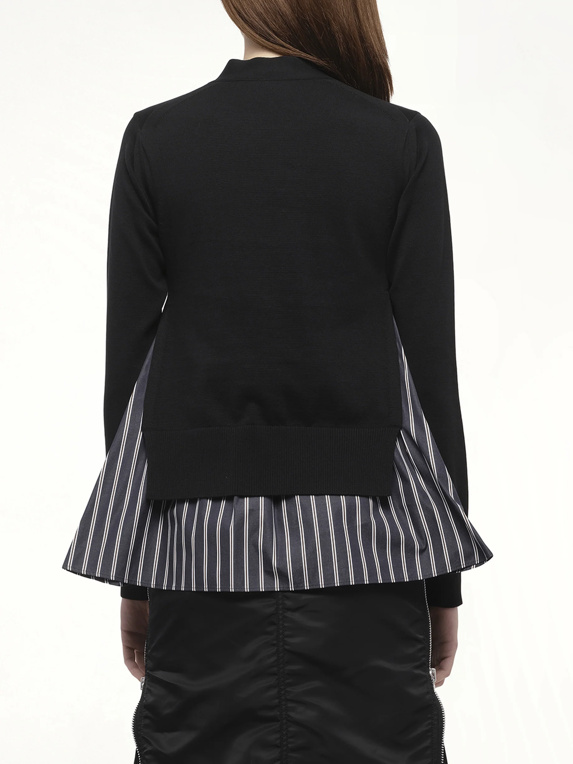 Poplin x Knit Cardigan in Black/Dark Navy Stripe - Image 6