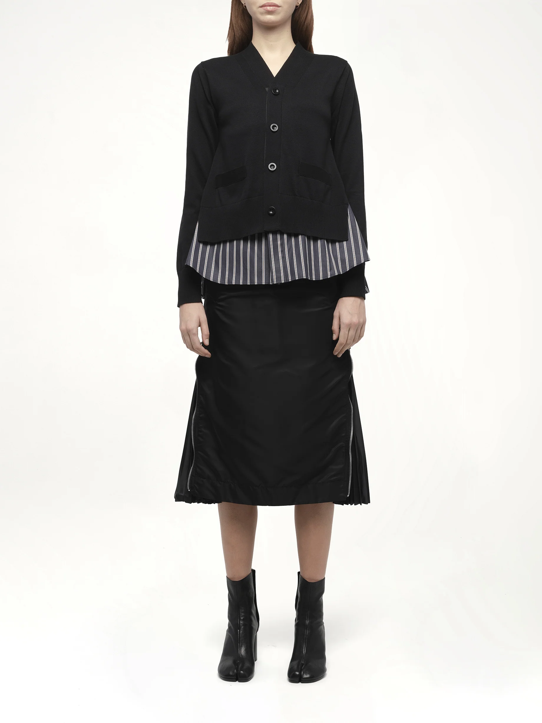 Poplin x Knit Cardigan in Black/Dark Navy Stripe - Image 7