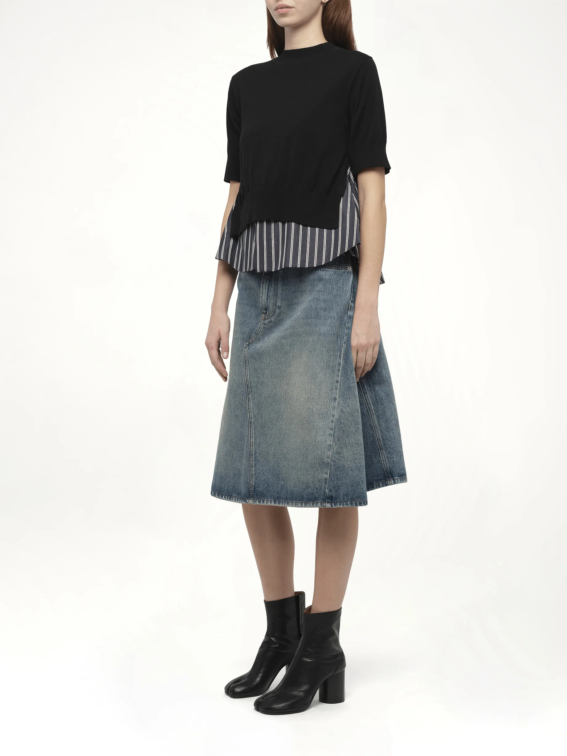 Poplin x Knit Pullover in Black/Dark Navy Stripe - Image 4