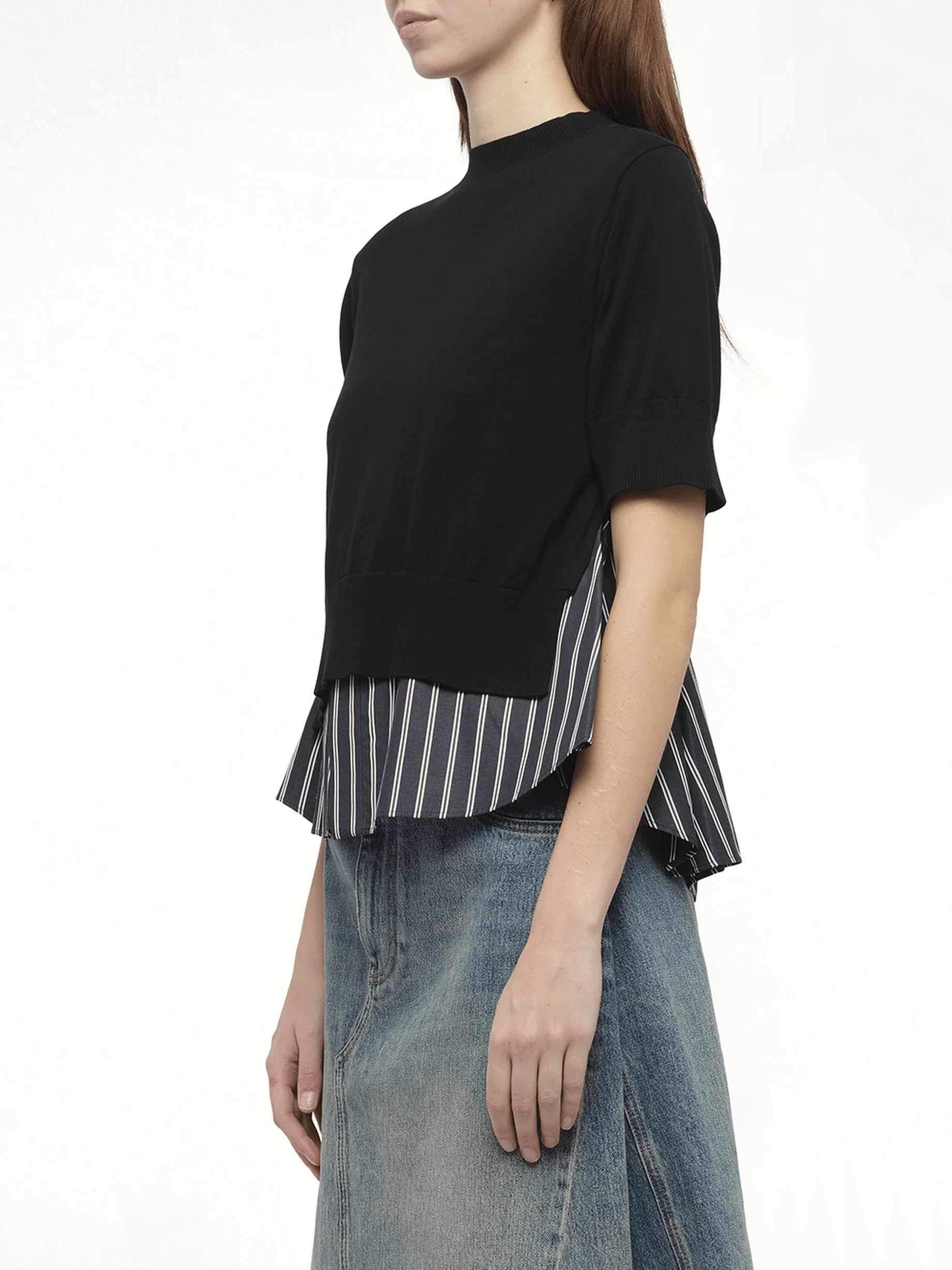 Poplin x Knit Pullover in Black/Dark Navy Stripe - Image 5