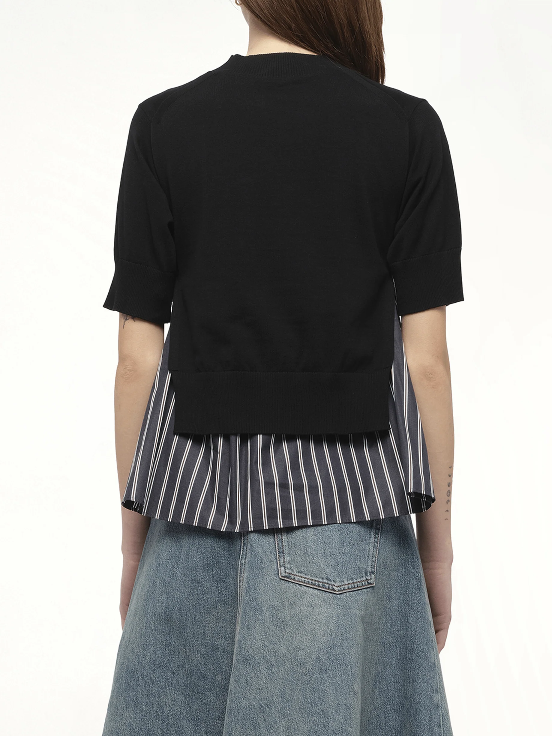 Poplin x Knit Pullover in Black/Dark Navy Stripe - Image 6
