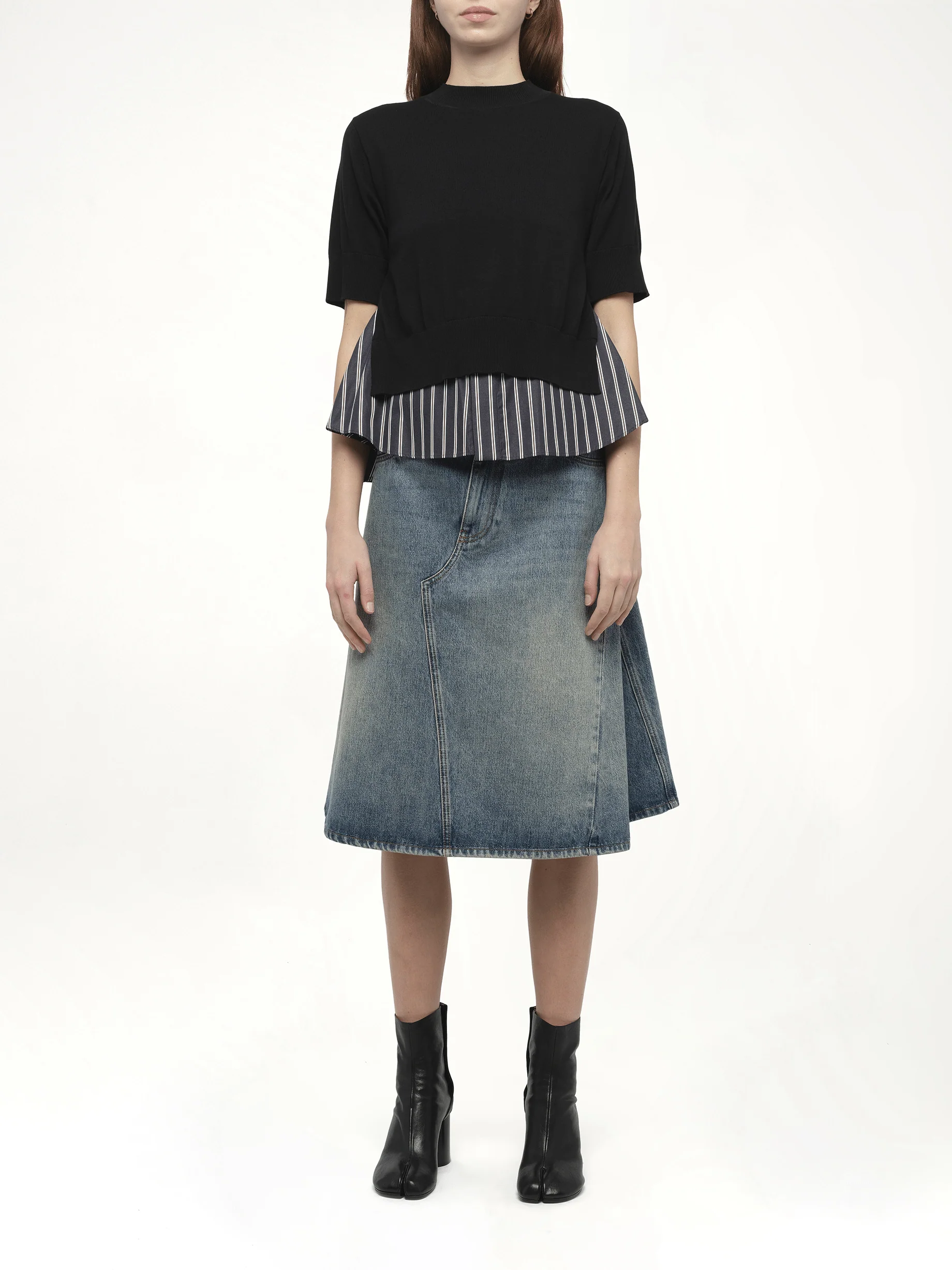 Poplin x Knit Pullover in Black/Dark Navy Stripe - Image 7