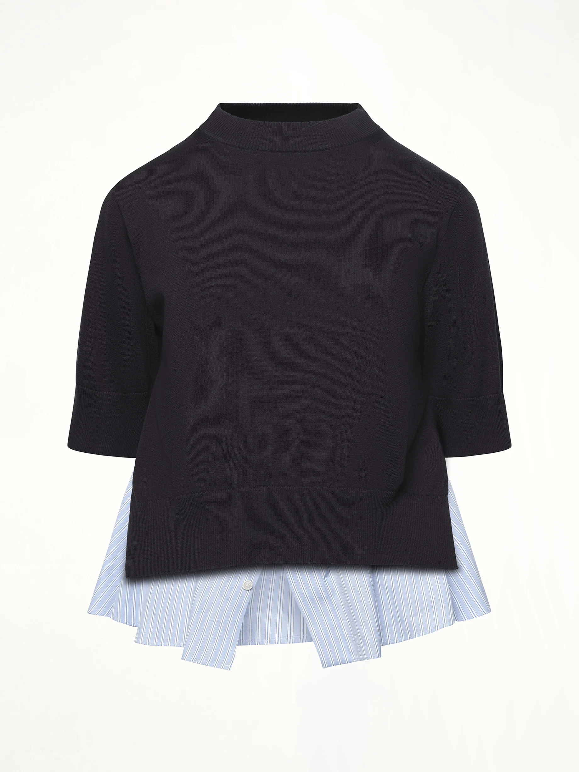 Poplin x Knit Pullover in Navy/Light Blue Stripe - Image 2