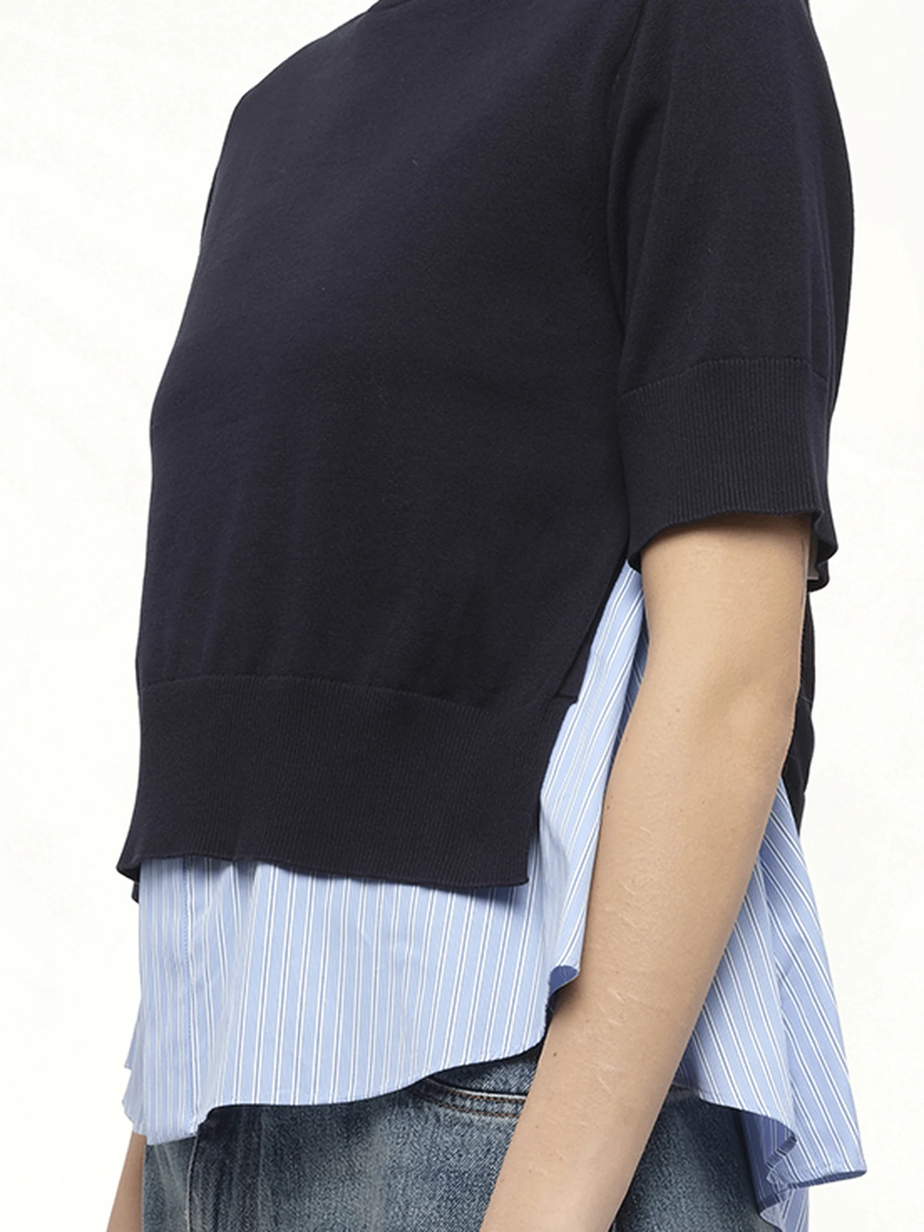Poplin x Knit Pullover in Navy/Light Blue Stripe - Image 3