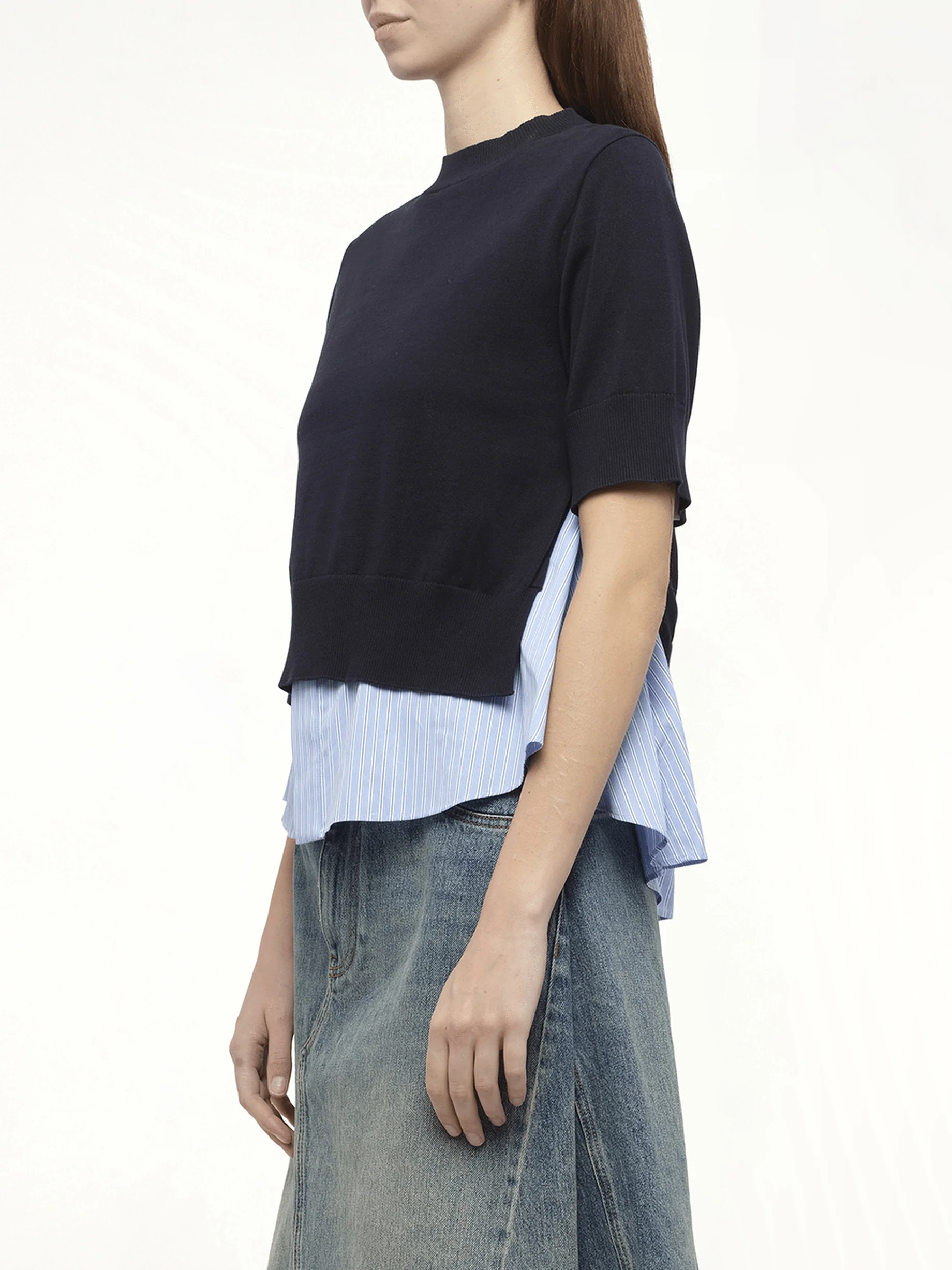 Poplin x Knit Pullover in Navy/Light Blue Stripe - Image 5