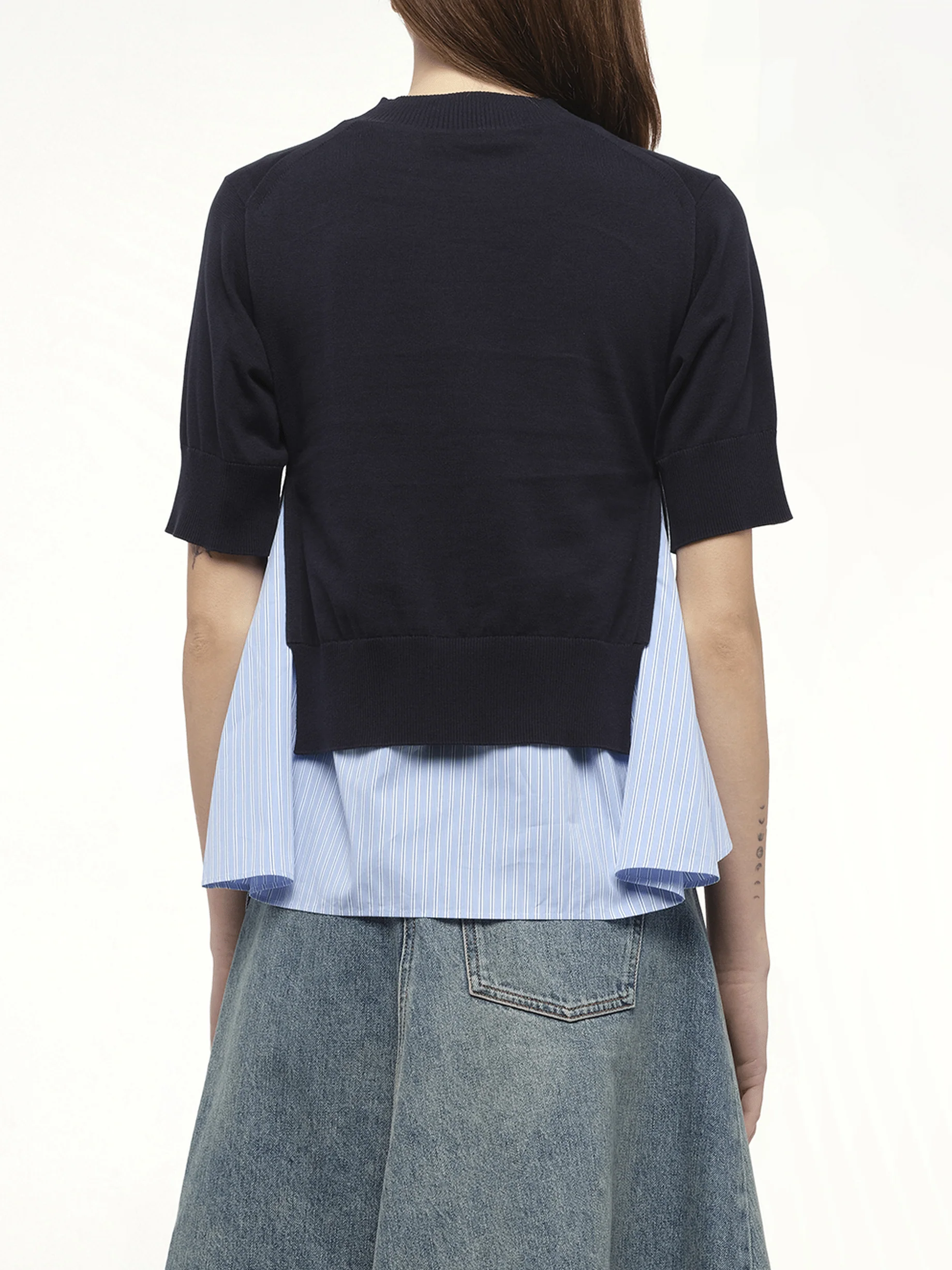 Poplin x Knit Pullover in Navy/Light Blue Stripe - Image 6