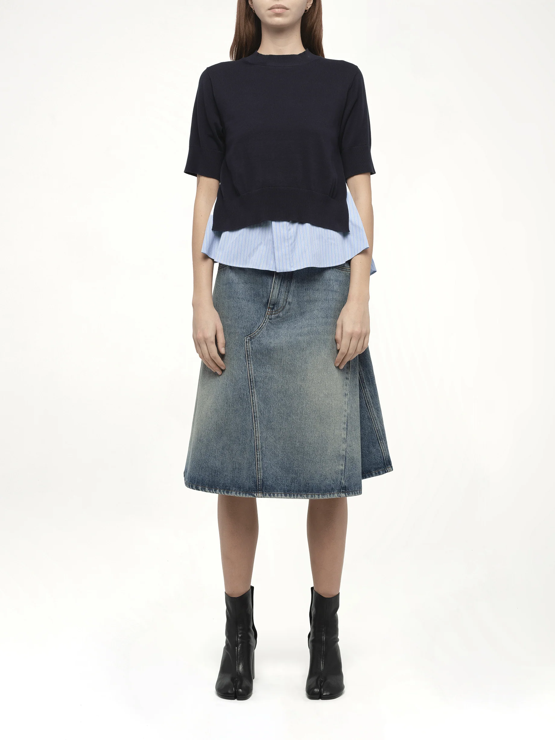Poplin x Knit Pullover in Navy/Light Blue Stripe - Image 7