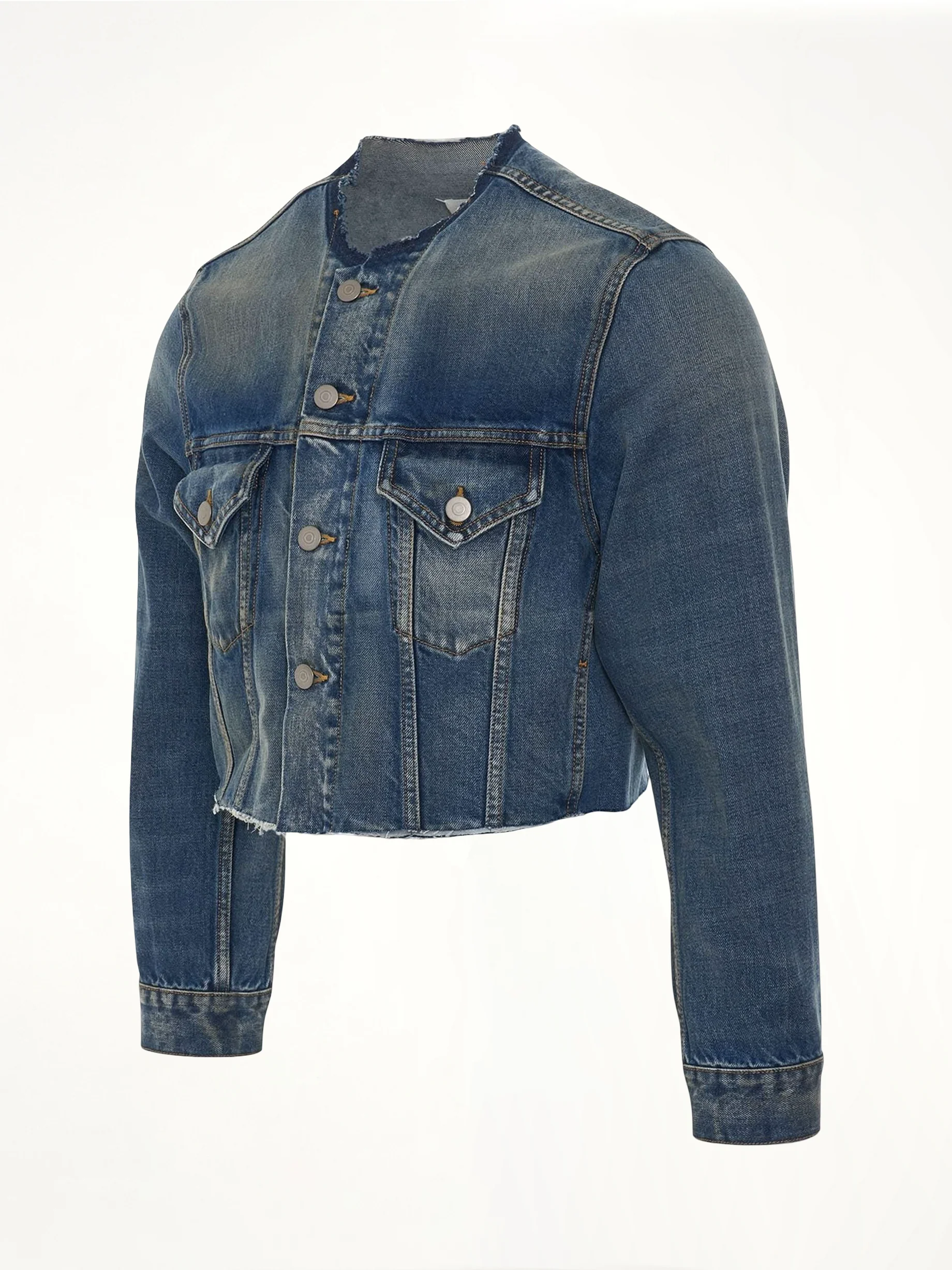 Cropped Collarless Denim Jacket - Image 2